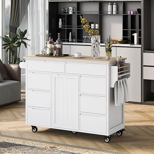 Miniatura 37 de LUMISOL Carrito de isla de cocina con ruedas de bloqueo con 2 cajones y 4 gabinetes, isla de cocina rodante con estantes ajustables, mesa de madera