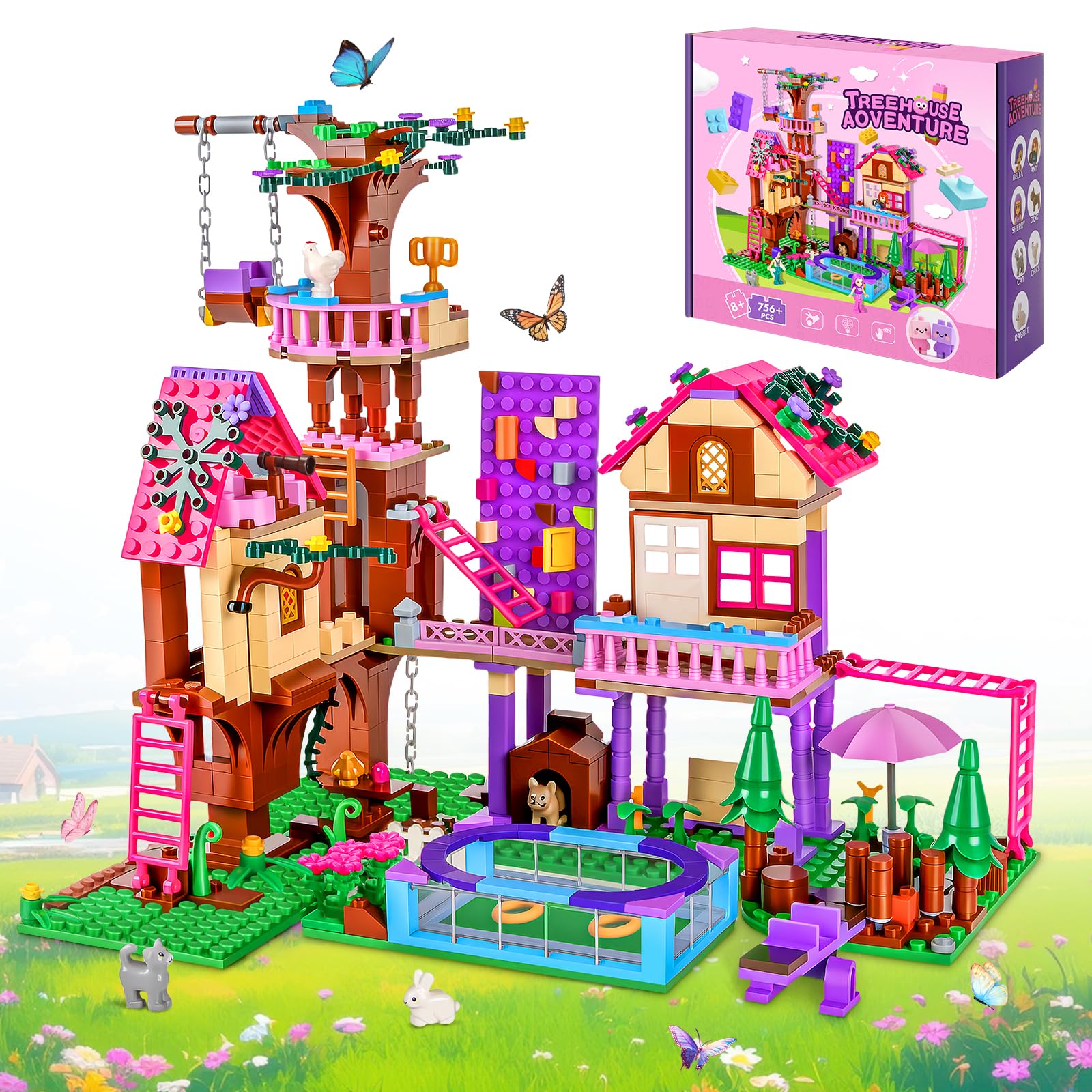 Charmofun Set di Costruzione Della Casa Sull'albero, Set di Costruzioni Casa Delle Ragazze con 3 Bambole e 4 Animali, Friends Casa Sull'Albero Dell'Amicizia per Bambini dai 8 Anni in su (Rosa)