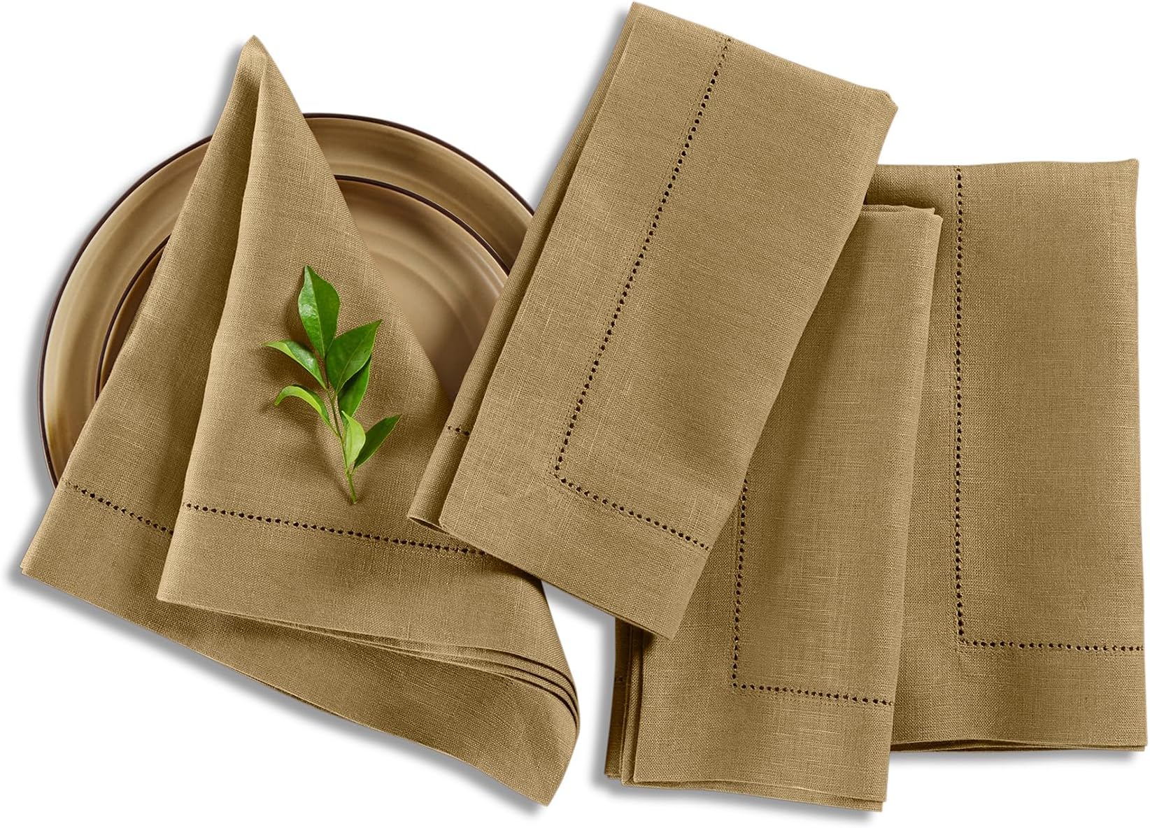 Solino Home Linen Napkins Set of 4 - Medium Weight 100% Pure Linen Hemstitch Kelp Dinner Napkins Cloth 20 x 20 Inch for Spring, Mothers Day - Handcrafted and Machine Washable