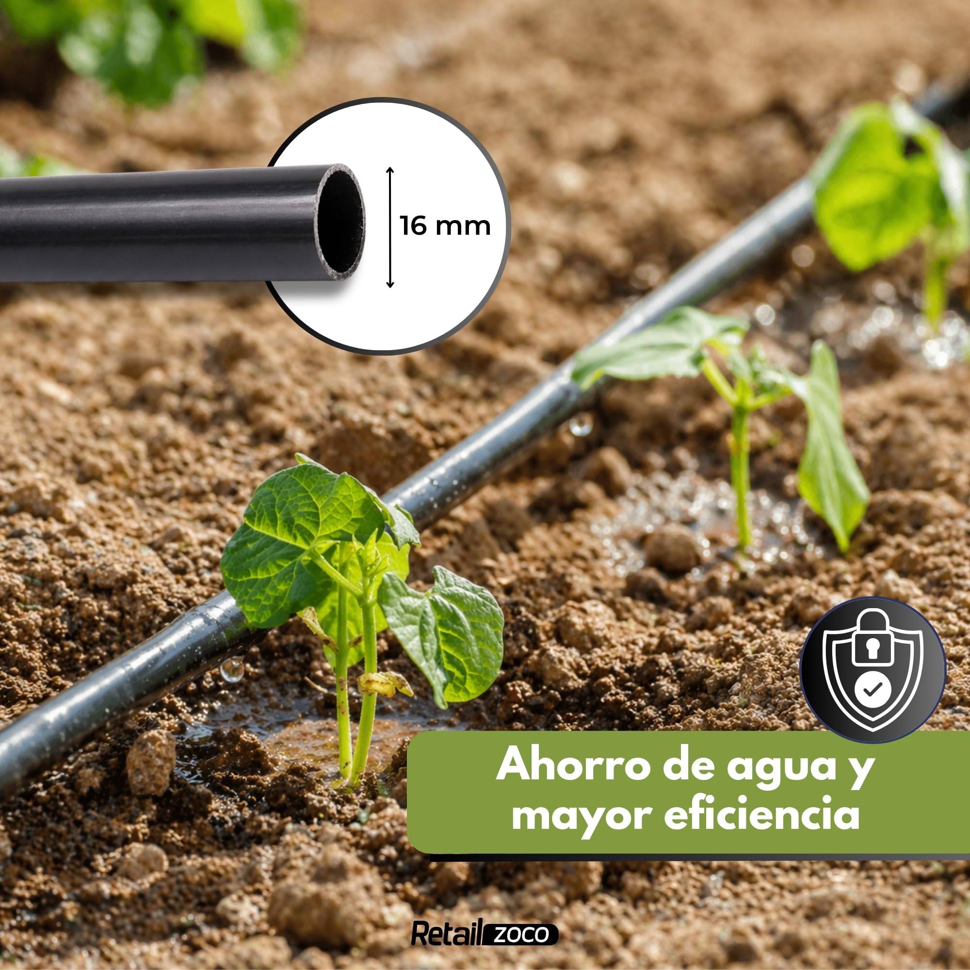 Tuberia de Riego por Goteo, Tubería riego rigida de polietileno (PE) 16 mm de diámetro, Para uso tanto profesional o agrícola, Presión de uso máxima 4 atm, Color Negro, Longitud 100 Metros