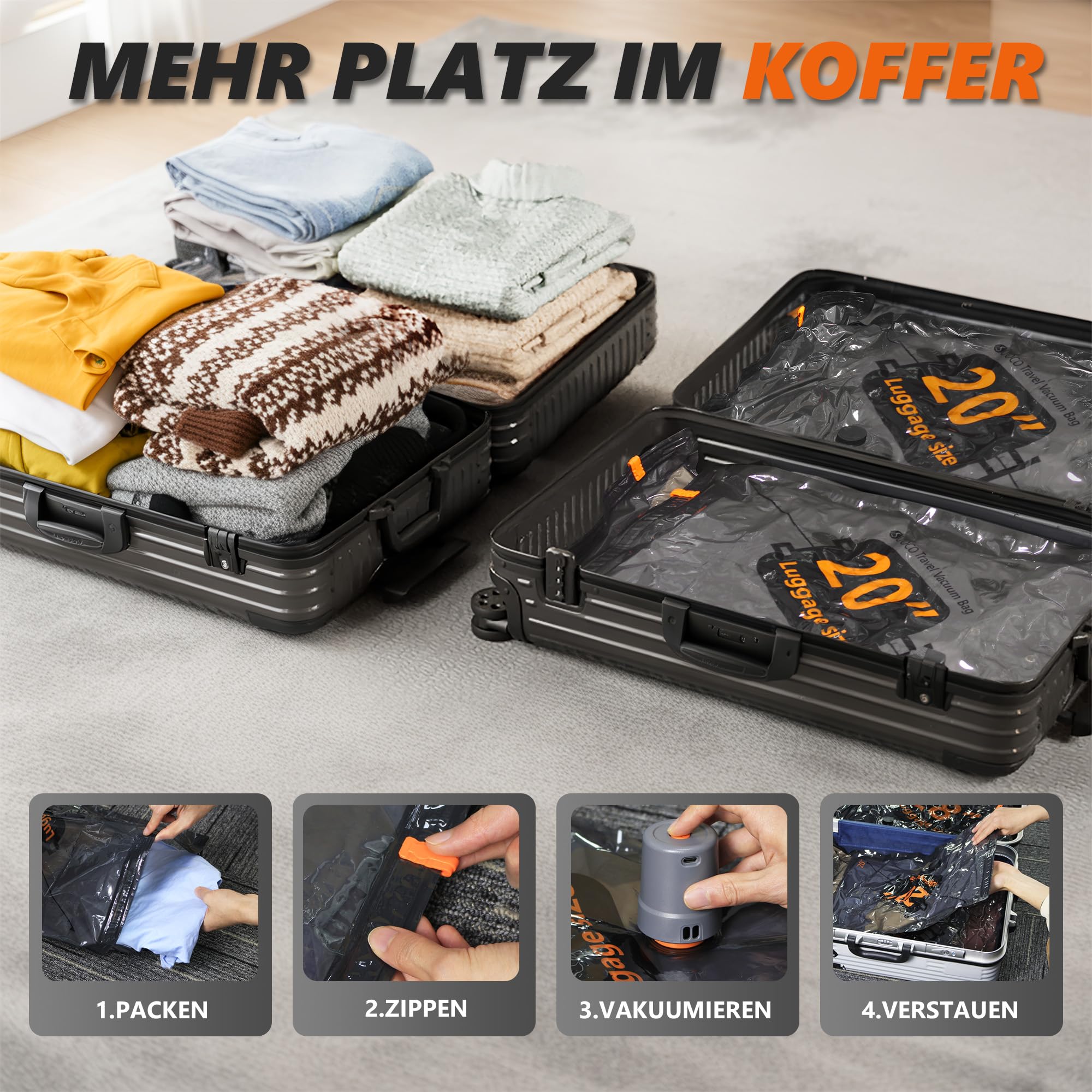 SUOCO 24 Stück Vakuumbeutel für Kleidung mit kabelloser Vakuumpumpe, platzsparend Vakuumierbeutel für Kleider, Vacuum Storage Bags, Koffer Organizer, geeignet für Reisen und Zuhause