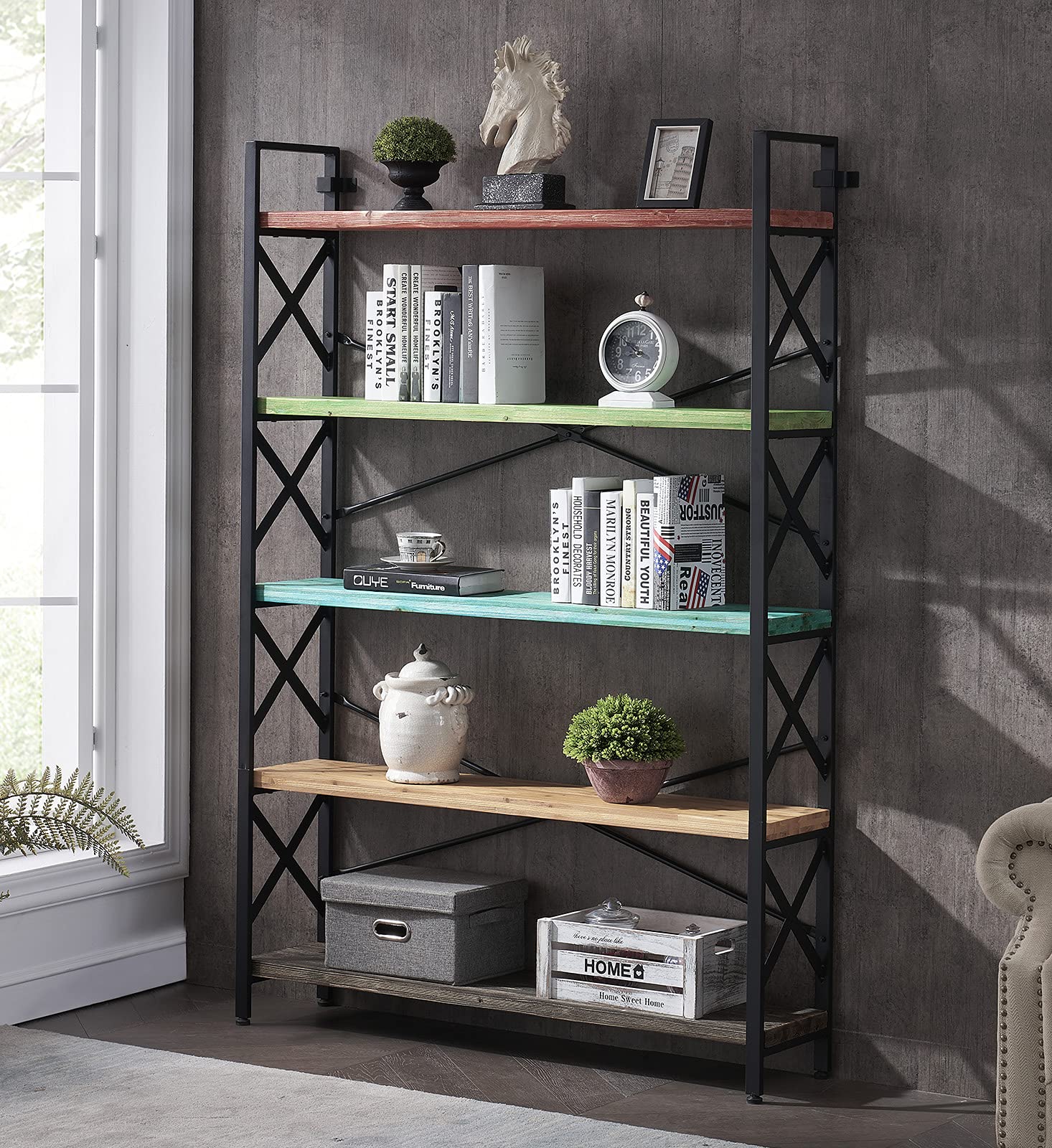 Buy Industrial 5Tier Solid Wood Bookshelf, Open Wide