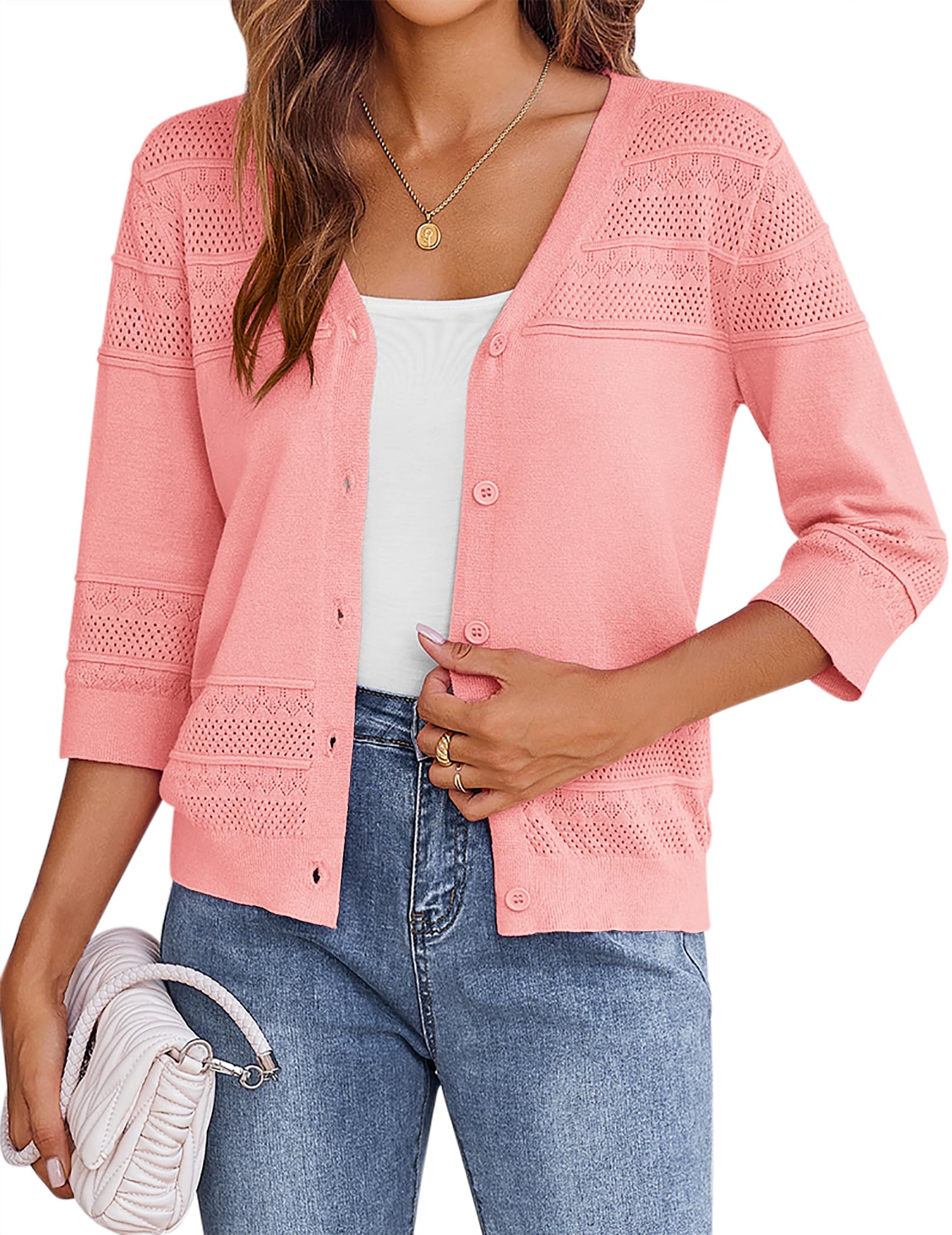 Zeagoo Womens Lightweight Summer Cropped Cardigan 3/4 Sleeve Button up Thin Bolero Crochet Knit Shrug Sweater