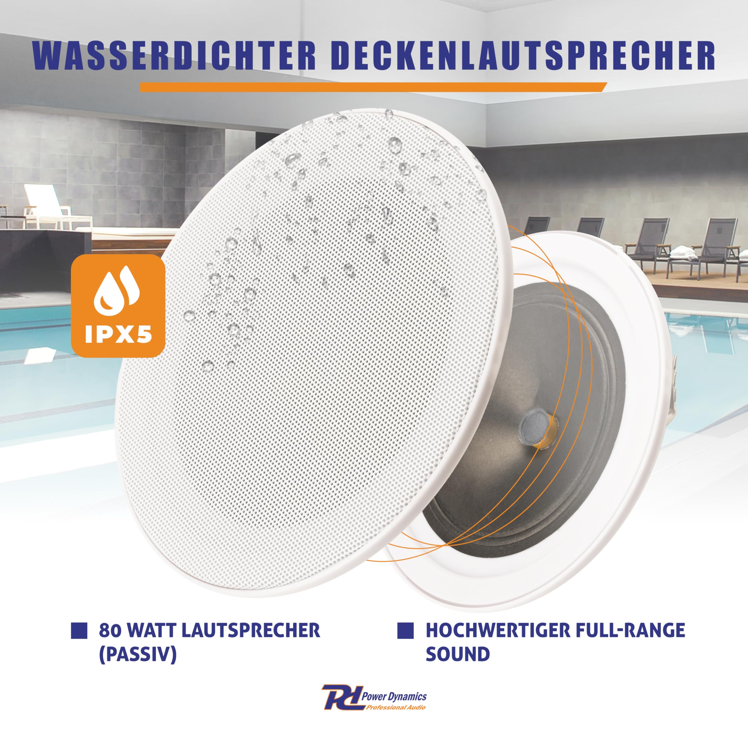 Power Dynamics A100 Bluetooth Deckenlautsprecher 4er Set – 4X Einbaulautsprecher 5" IPX5 Wasserdicht – 160 Watt Verstärker – Badezimmer & Außenbereich – Unterputzradio, 55mm Tief - Weiß/Schwarz