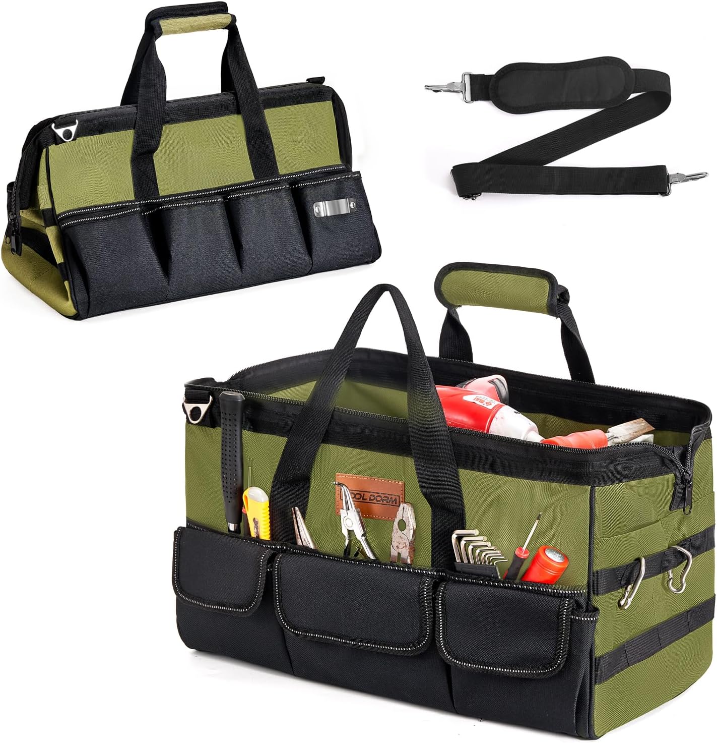 Tool Bag, 18.5 Inch Tool Bag with 21 Pockets, Portable Empty Tool Box Organizer, Big Storage Toolbox Organization, Soft Handle Large Zipper Carrying Toolbag, Adjustable Shoulder Strap， Green