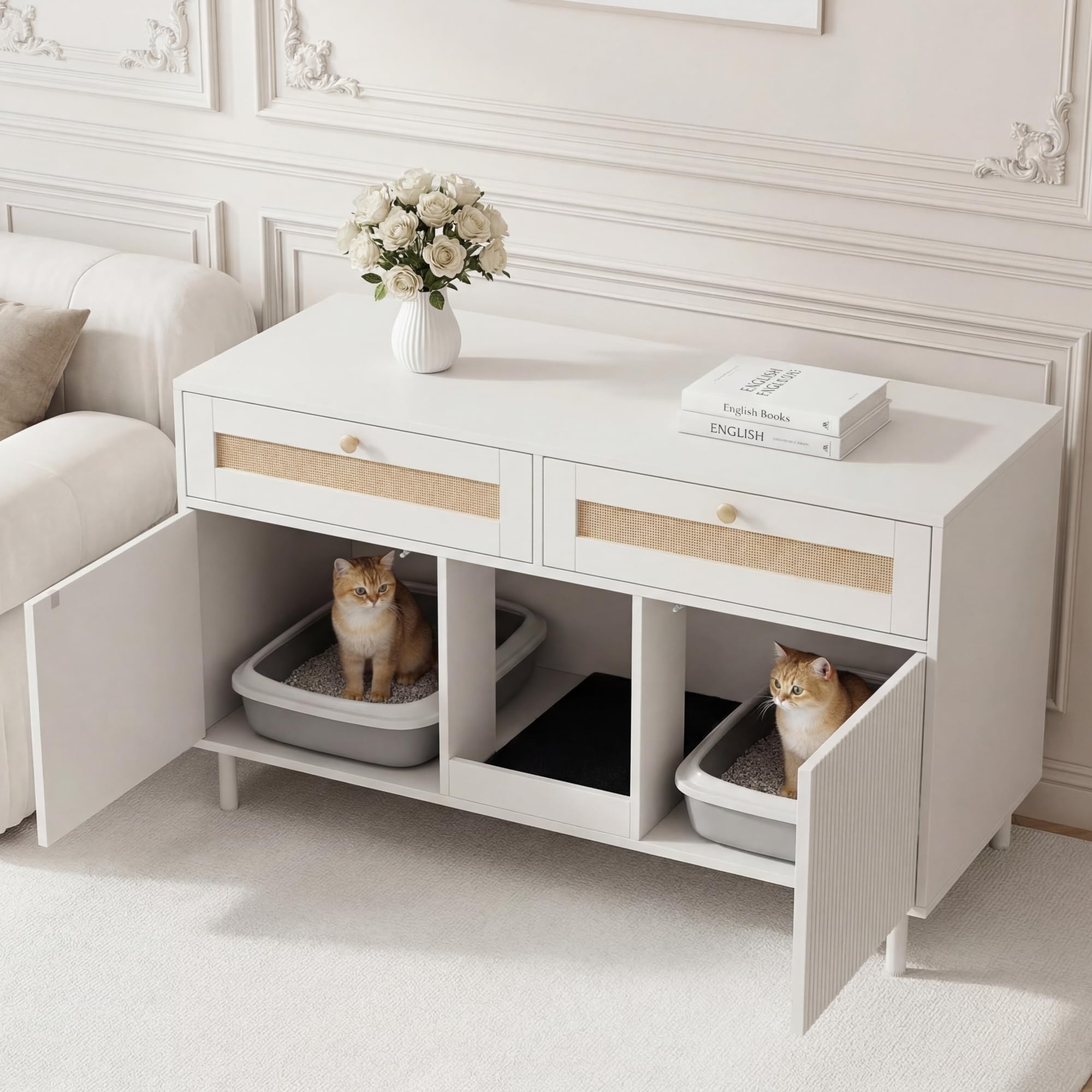 Katzentoilettenschrank mit Katzenstreufangmatte, Katzenstreuschrank, Haustierschrank mit Rattanschublade, Haustier-Sideboard/TV-Schrank, ohne Katzenstreu-Box, Weiß, 120x50x65 cm