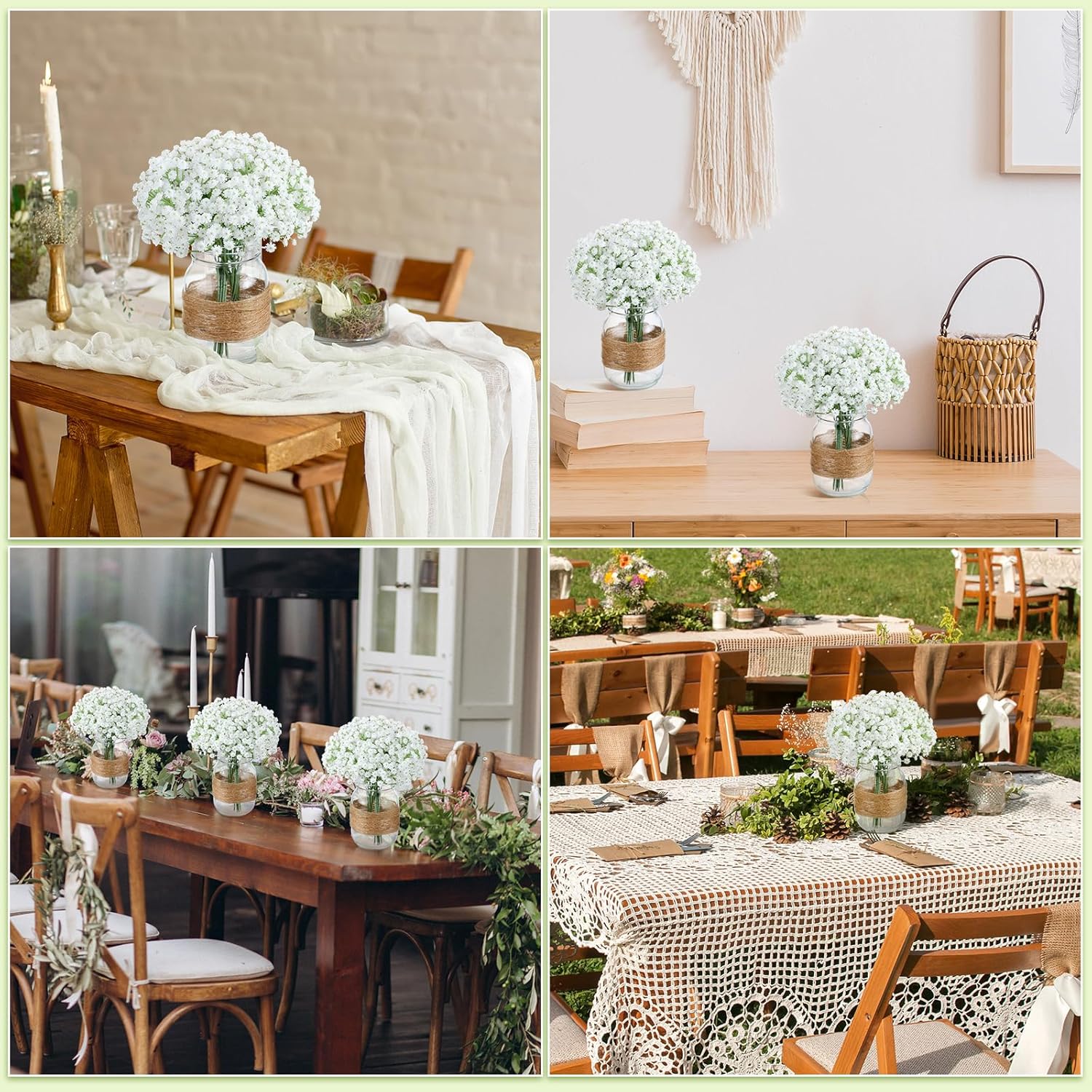 43 Pcs/ 6 Set Babybreath Mason Jar Table Centerpiece Mason Jar Vases Faux Floral with Rope Boho Rustic Flower Table Decoration for Reception Engagement Party Bridal Shower Wedding