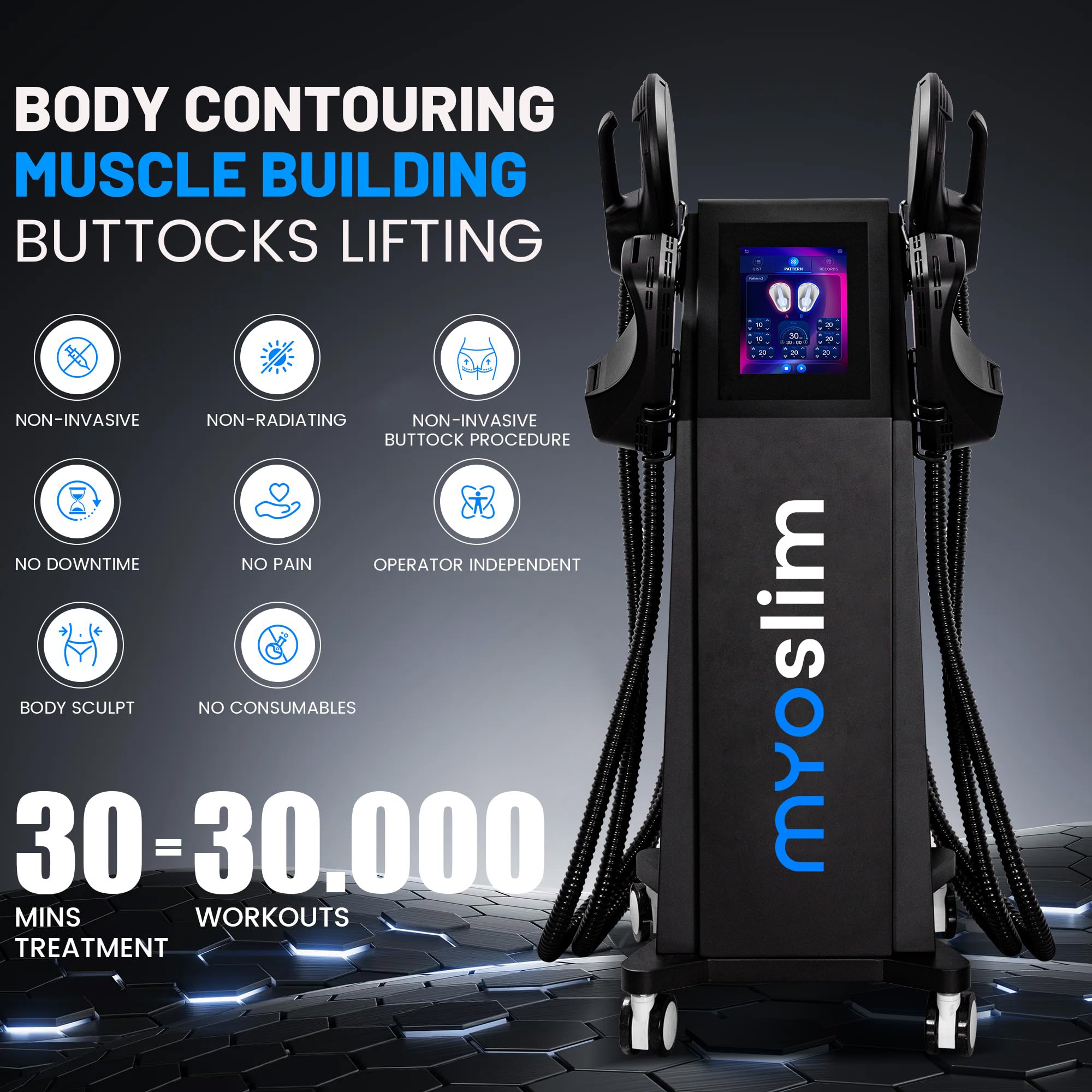 Dispositivo de electroestimulación muscular (EMS) para moldear el cuerpo, esculpir el abdomen, las caderas y los brazos, reafirmar la piel, apto para uso doméstico o profesional, 4 asas, color negro