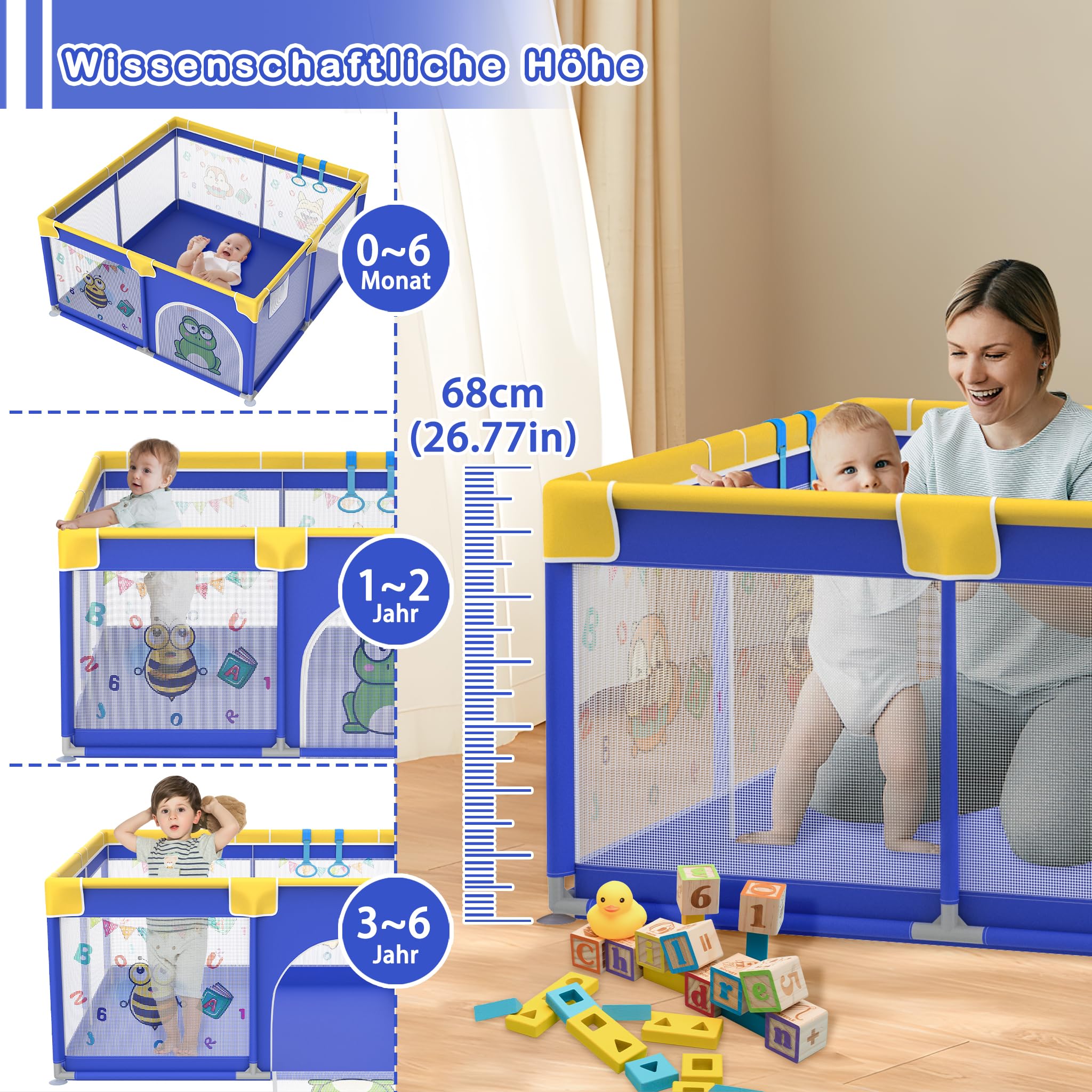 XMTECH Kojec dla niemowląt, przenośny, z 50 piłkami do zabawy, 180 cm x 200 cm x 68 cm, kratka ochronna z oddychającą siatką i zamkiem błyskawicznym i 4 pierścieniami do ciągnięcia (niebieski z