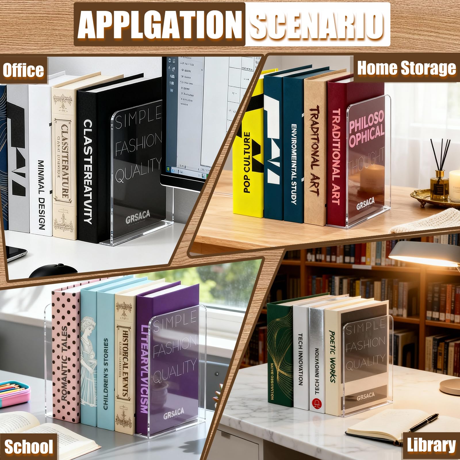 8 Piezas SujetaLibros Estanteria, Sujetalibros de Acrílico Transparente con 32 Almohadillas Antideslizantes, Organizador de Libros de 3 mm de Grosor, para Escuela Casa Oficina 10x10x13cm