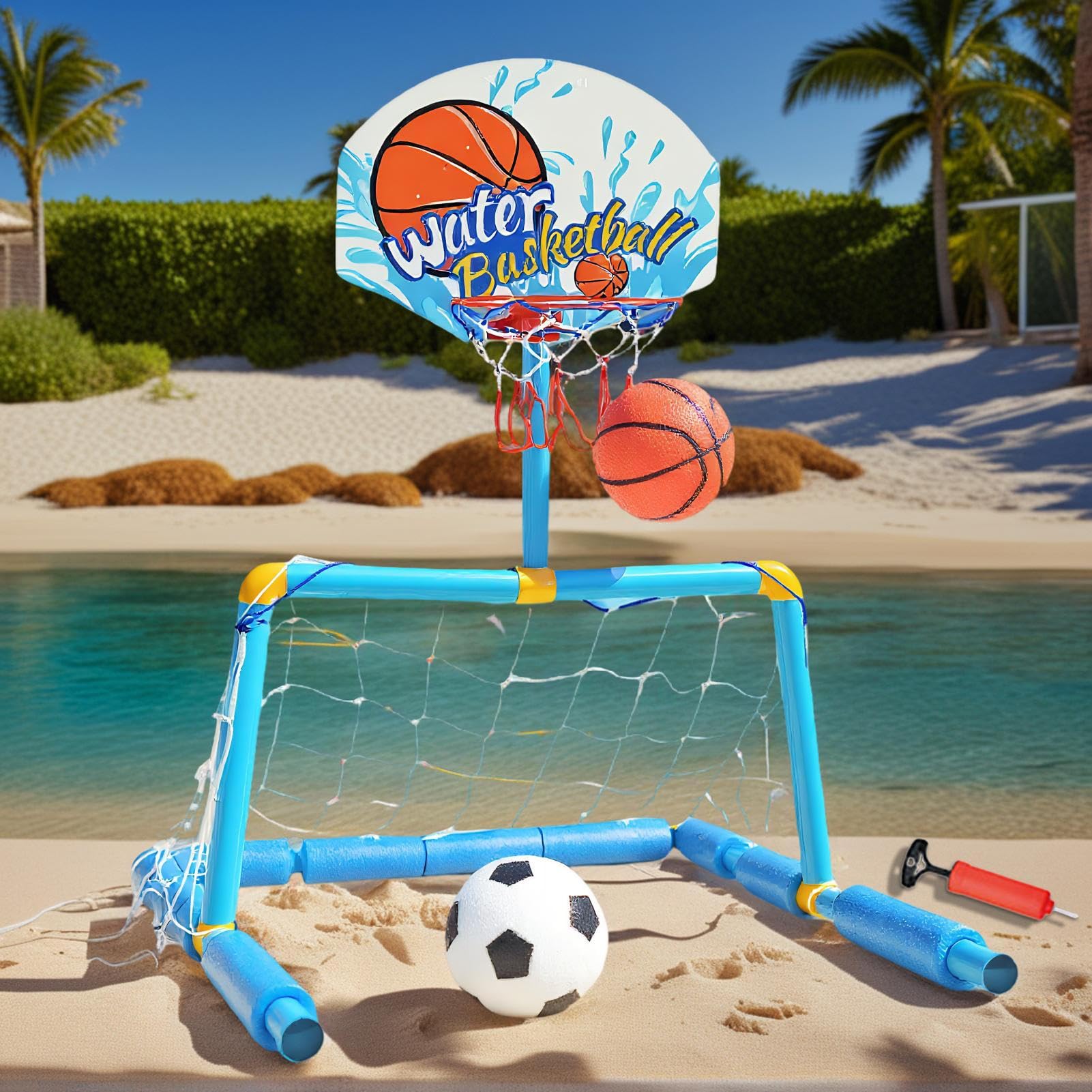 Ensemble D'objectifs De Sport Aquatique – Panier De Basket-ball Et De Football À Double Fonction, Jeu Flottant Interactif Avec Pompe Et Balles | Accessoire De Divertissement Pour À Partir De 4