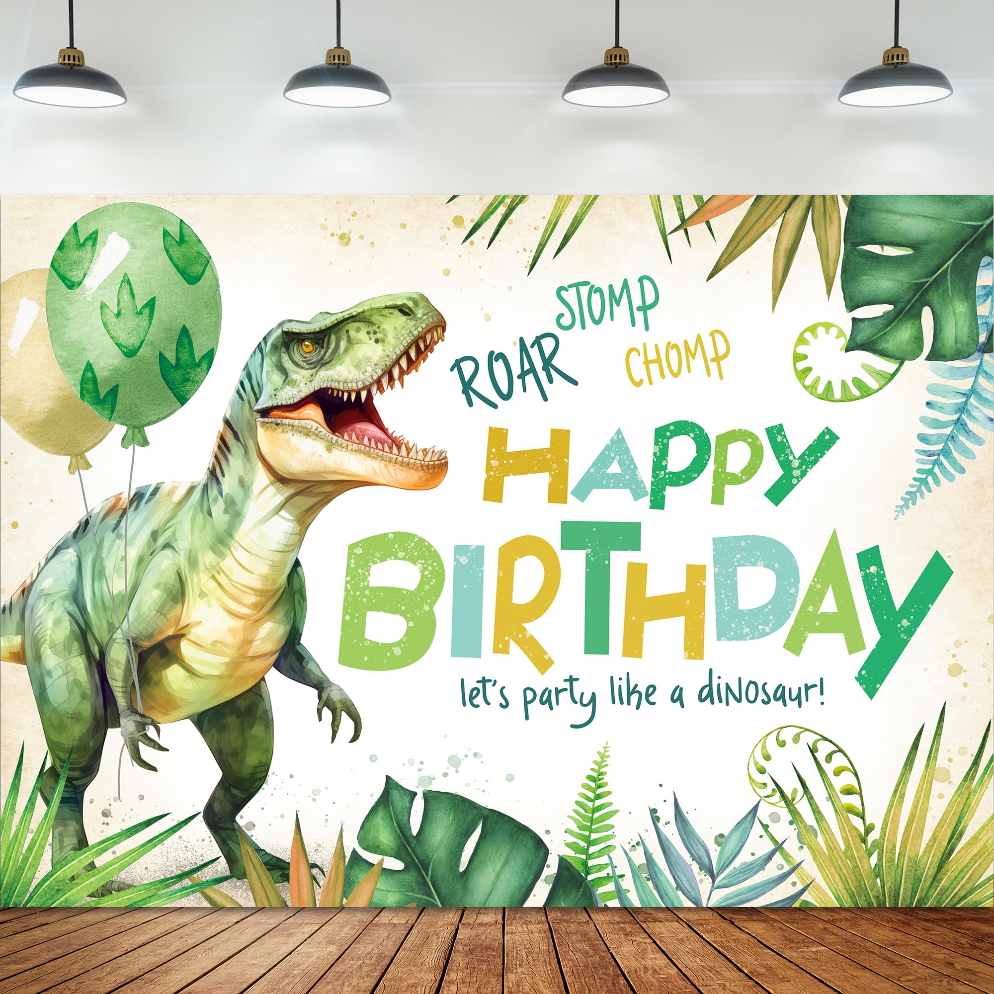 Omifly Dinosaur Happy Birthday 7Wx5H Backdrop for Photography Kids Boys Cartoon Dino Animal Green Jungle Tropical Palm Background Party Decorations