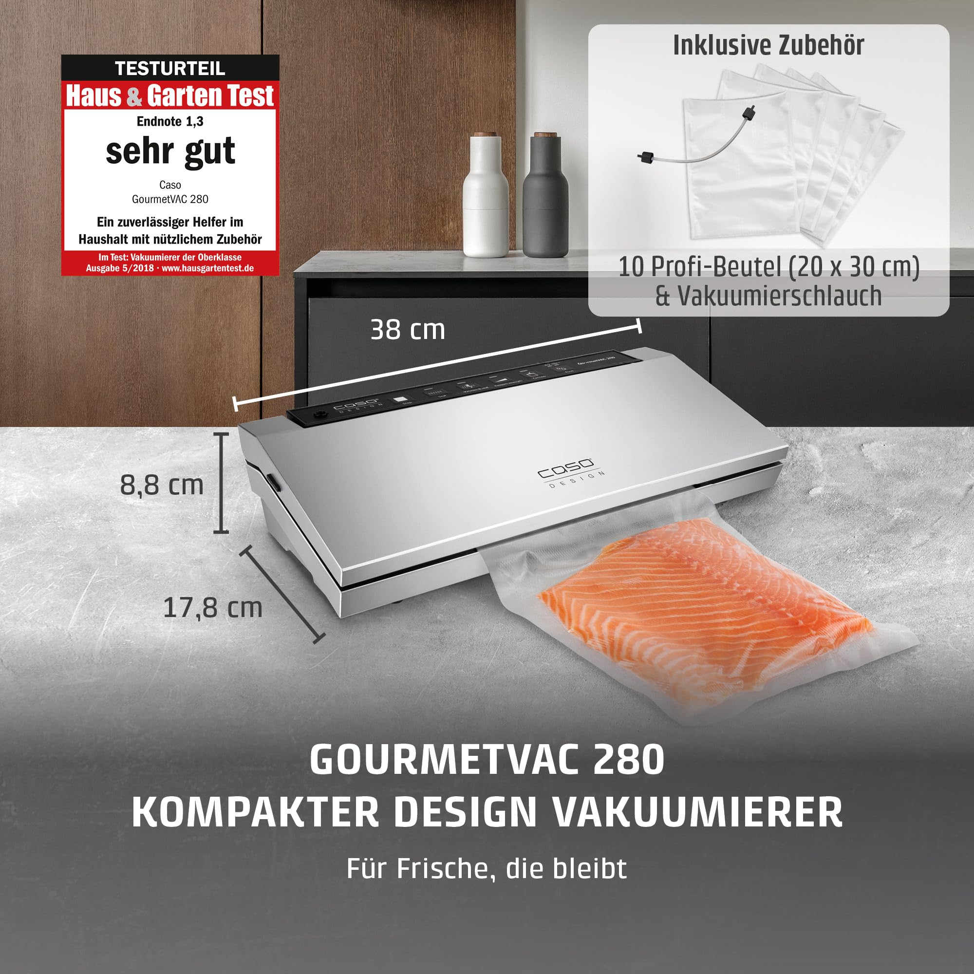 CASO GourmetVAC 280 Vakuumierer, doppelte Schweißnaht, Kolbenpumpe 15L/min, regulierbare Vakuumstärke
