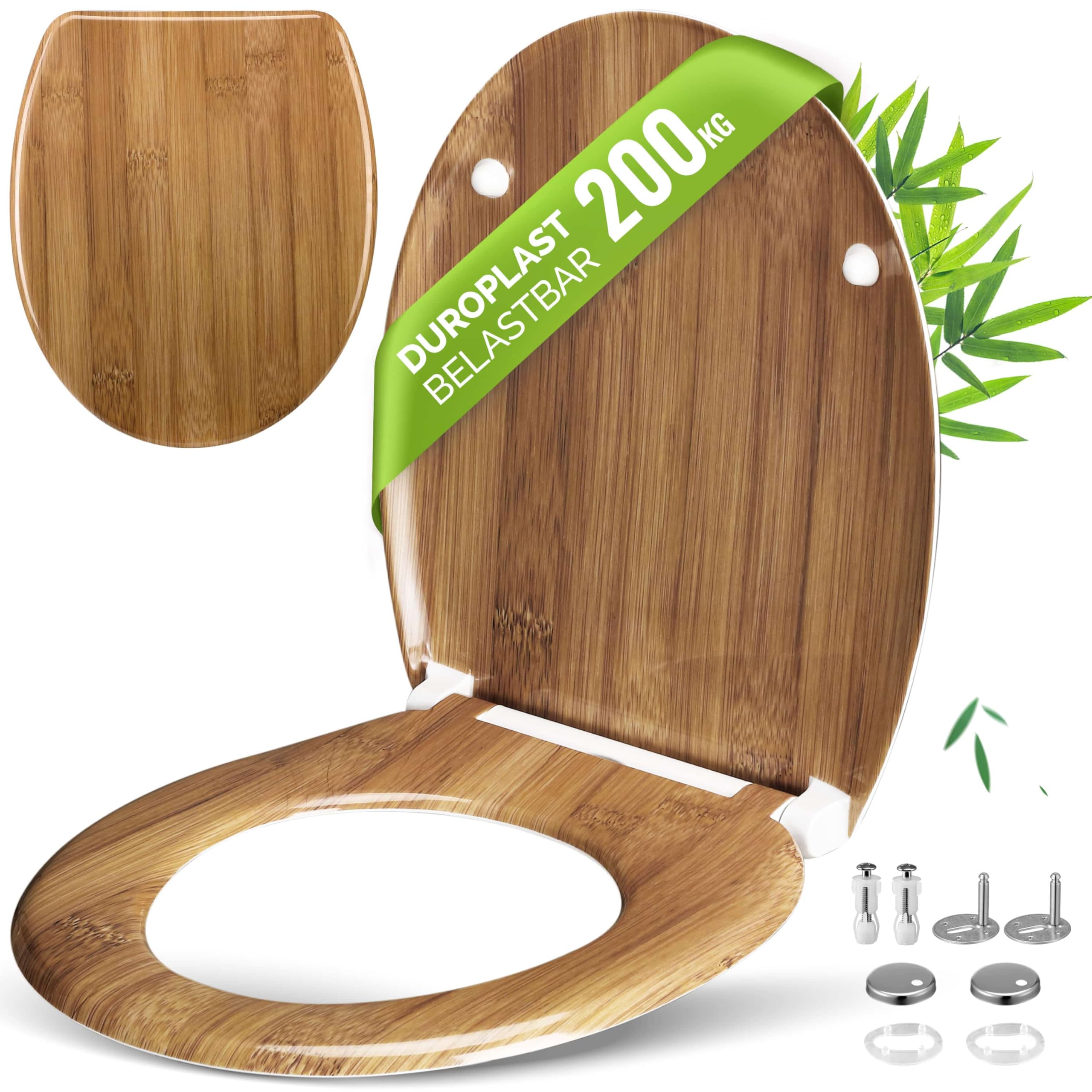 Casaria Asiento de Inodoro Bambú 45x37x4cm Duroplast 200kg Antibacteriano Tapa de Baño Toilette WC