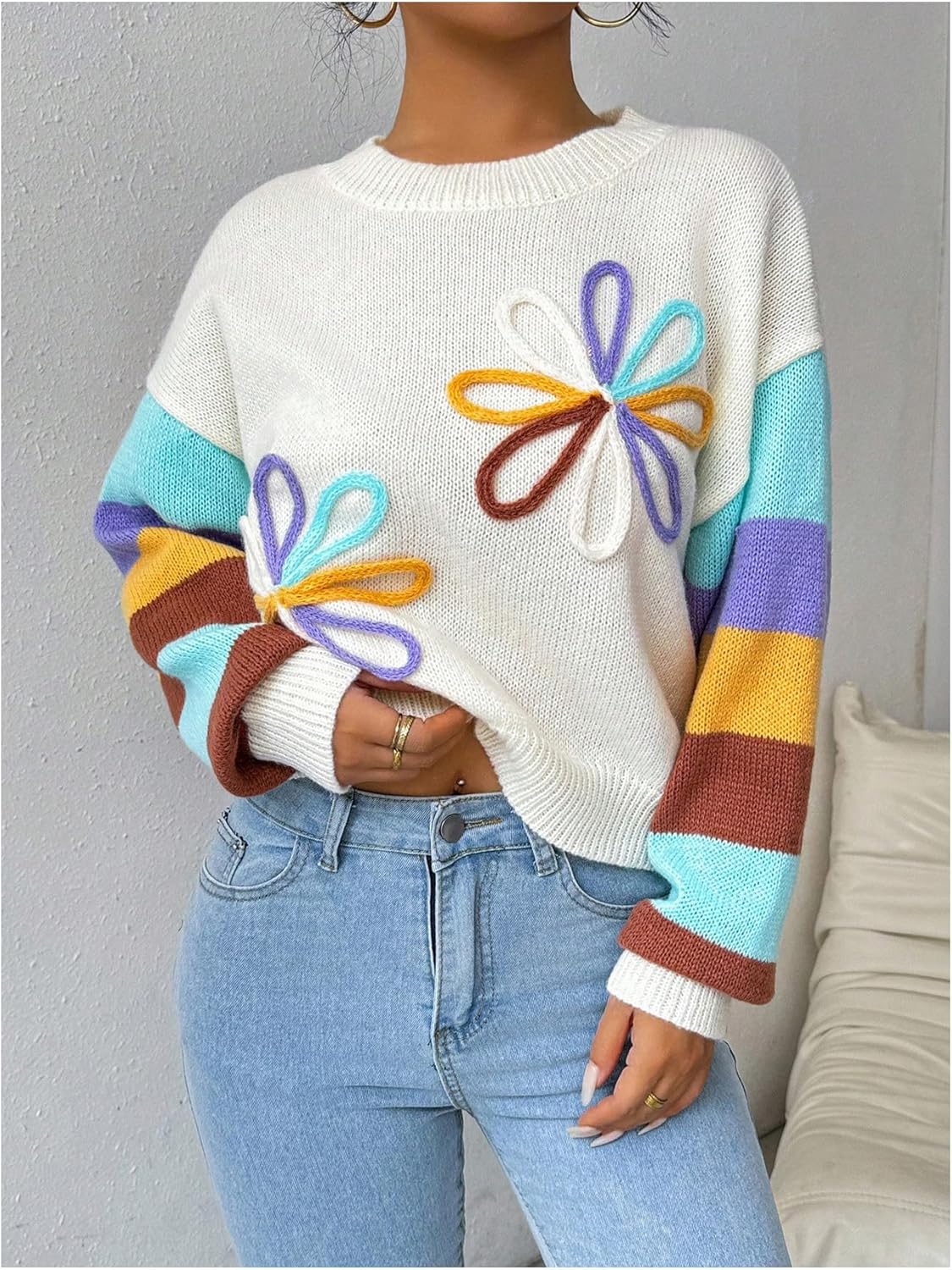 Verdusa Women's 3D Floral Sweater Fall Clothes Color Block Sweaters Trendy Pullover Knit Tops - Image 3