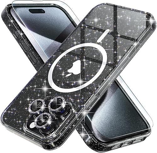 Choiche Funda magnética para iPhone 15 Pro Max, funda transparente con purpurina brillante para mujer, 3 protectores de lente de cámara con