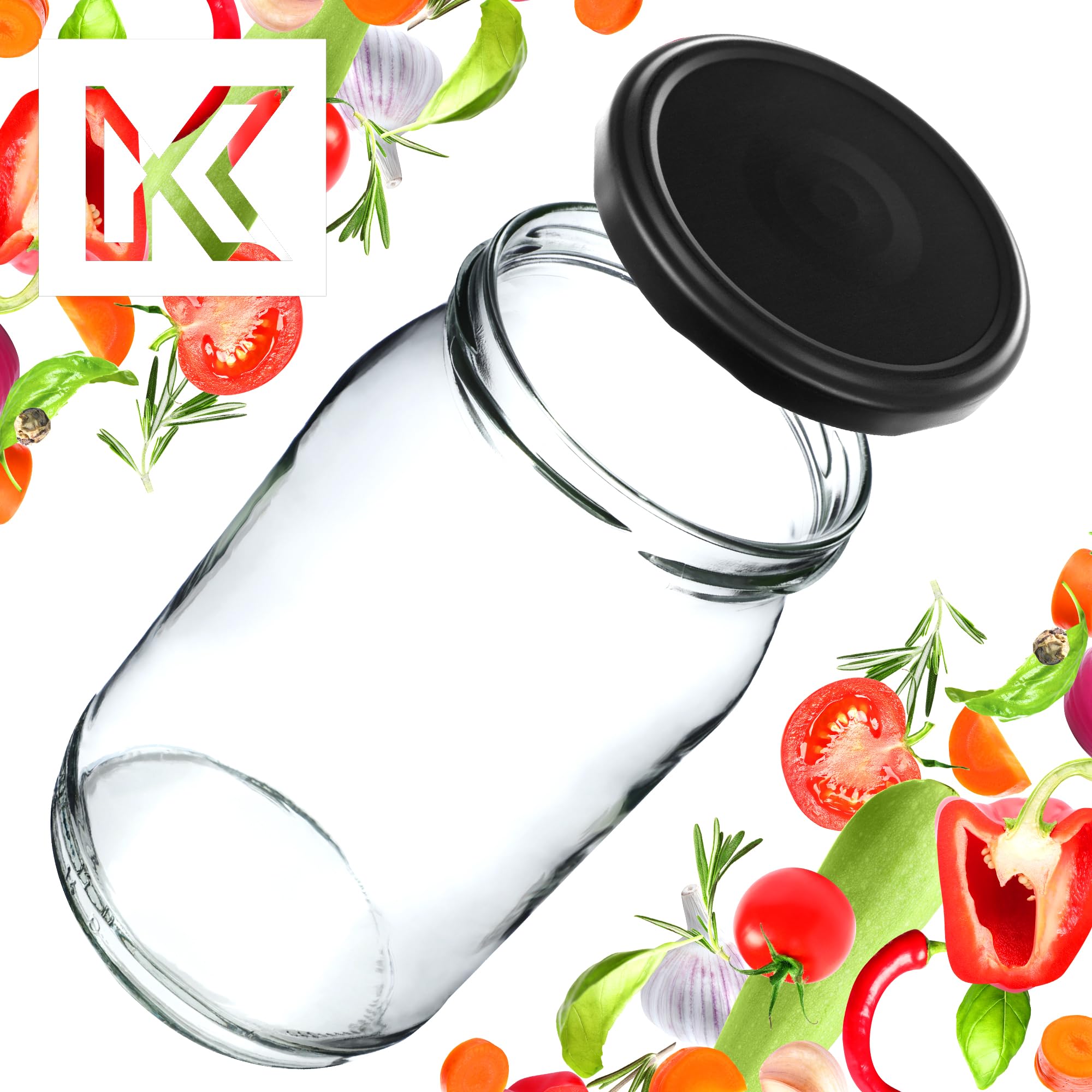 KADAX Set di 48 grandi barattoli in vetro 900ml Ø82 Nero Opaco – tappo a vite ermetico, per conserve, sottaceti, verdure lacto-fermentate e marmellate fatte in casa