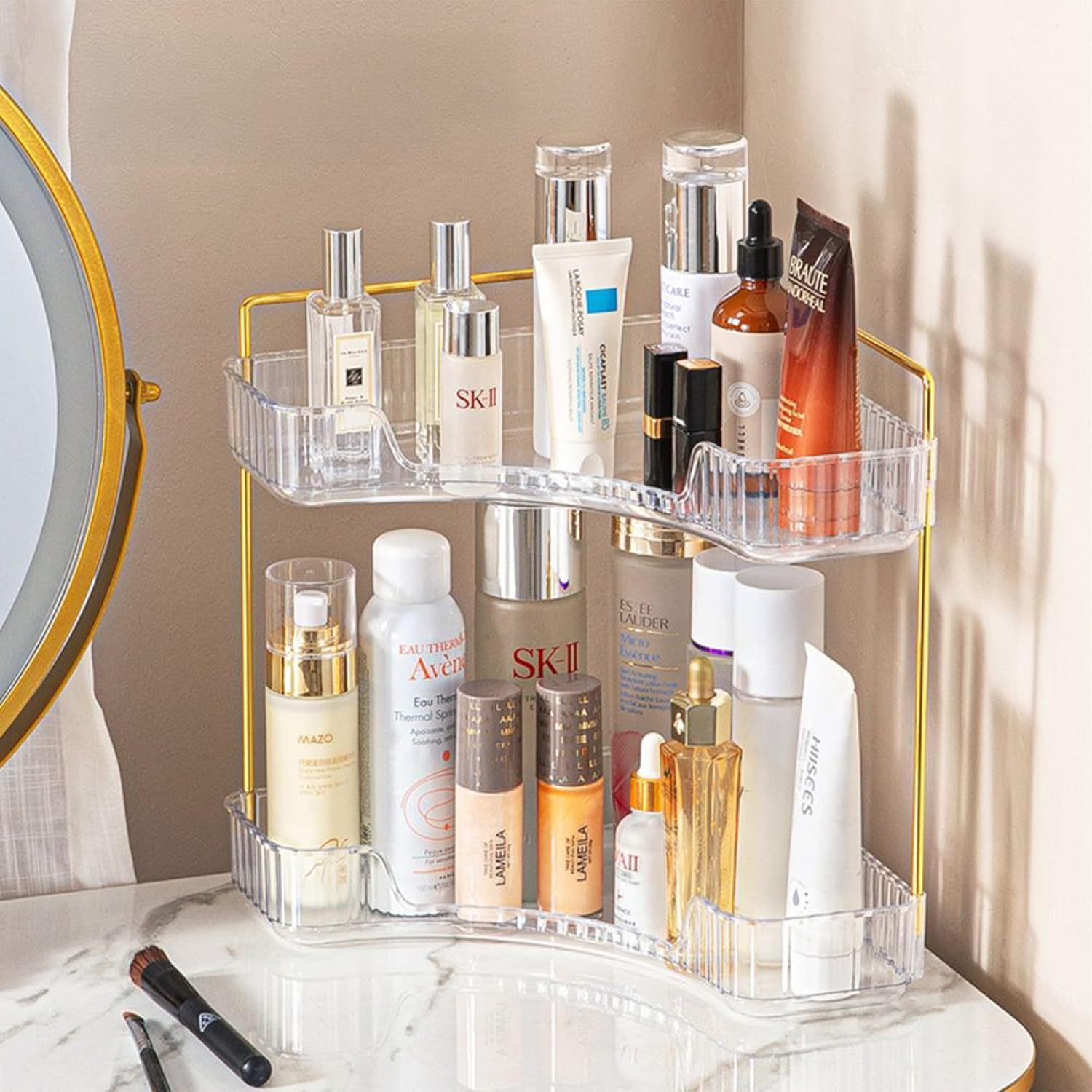 BIRDROCK HOME 2-Tier Corner Cosmetic Organizer - Clear Shelves with Gold Hardware, Easy Assembly, Durable Design for Makeup, Perfumes, and Self-Care Products