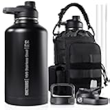Tactical Half Gallon Water Bottle with Straw - 64 oz Vacuum Insulated Stainless Steel Water Jug, Leakproof Sport Bottle with 3 BPA Free Lids, Paracord Handle & MOLLE Water Pouch for Outdoor
