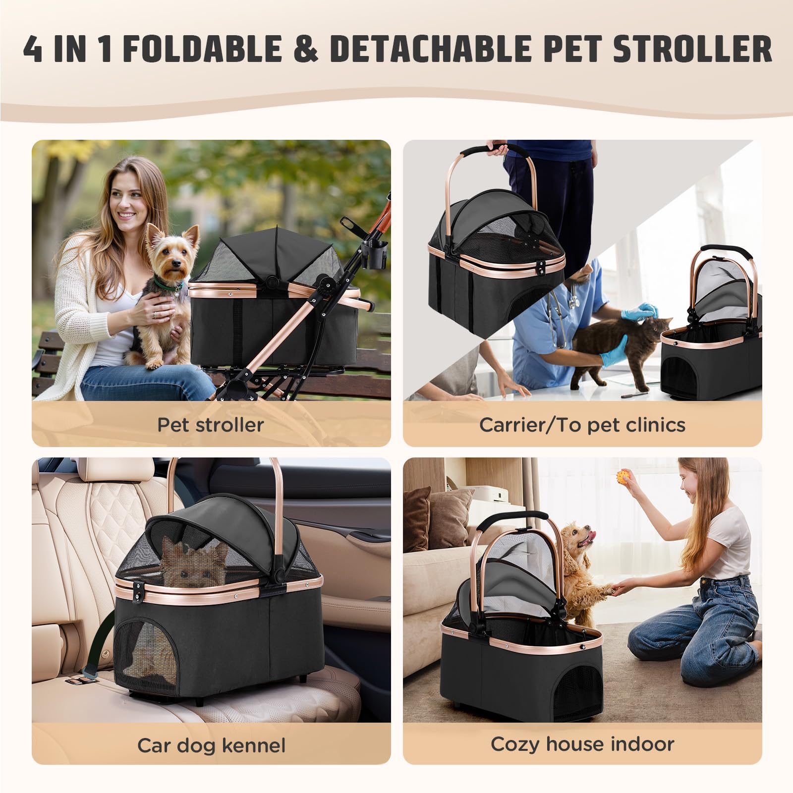 Gimars Mejora 4 en 1 Soporta 20kg Carrito Plegable para Perros Gatos Mediano Pequeño, Cochecito Perro con Portabebés Desmontable Ruedas Delantera Goma 360° Lluvia Funda Almacenamiento Cesta Negro