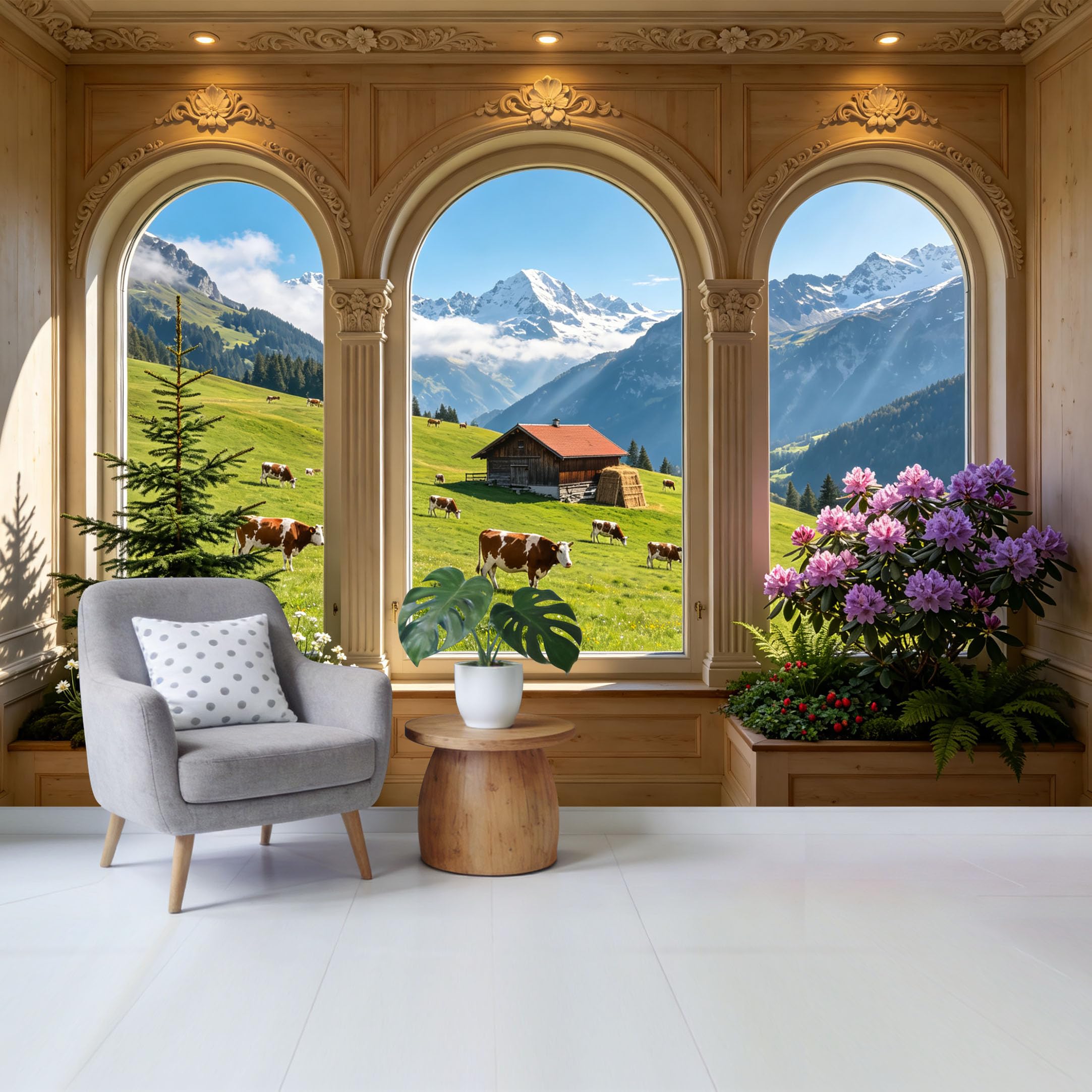 Custom Size Wall Mural Alpine Mountain Meadow Farmhouse Landscape Scenic View Removable Self Adhesive Fabric Home Wall Decor for Living Room Bedroom Bathroom