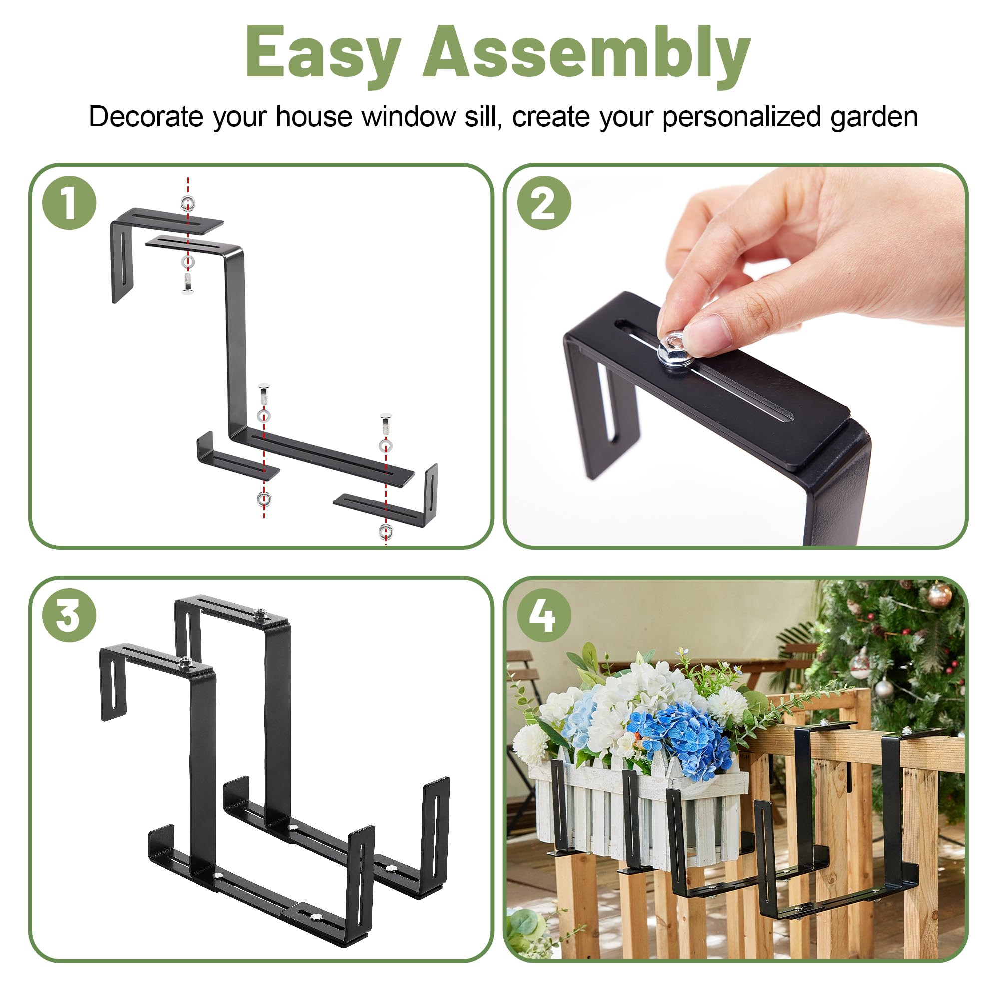 Cozcty 4 Stück Fensterkastenhalterungen, verstellbare Deckgeländer-Pflanzgefäßhalter, robuste Blumenkästen im Freien, kein Bohren, Eisenfenster, Pflanzenhänger für Gärten, Zäune, Balkone, Terrassen