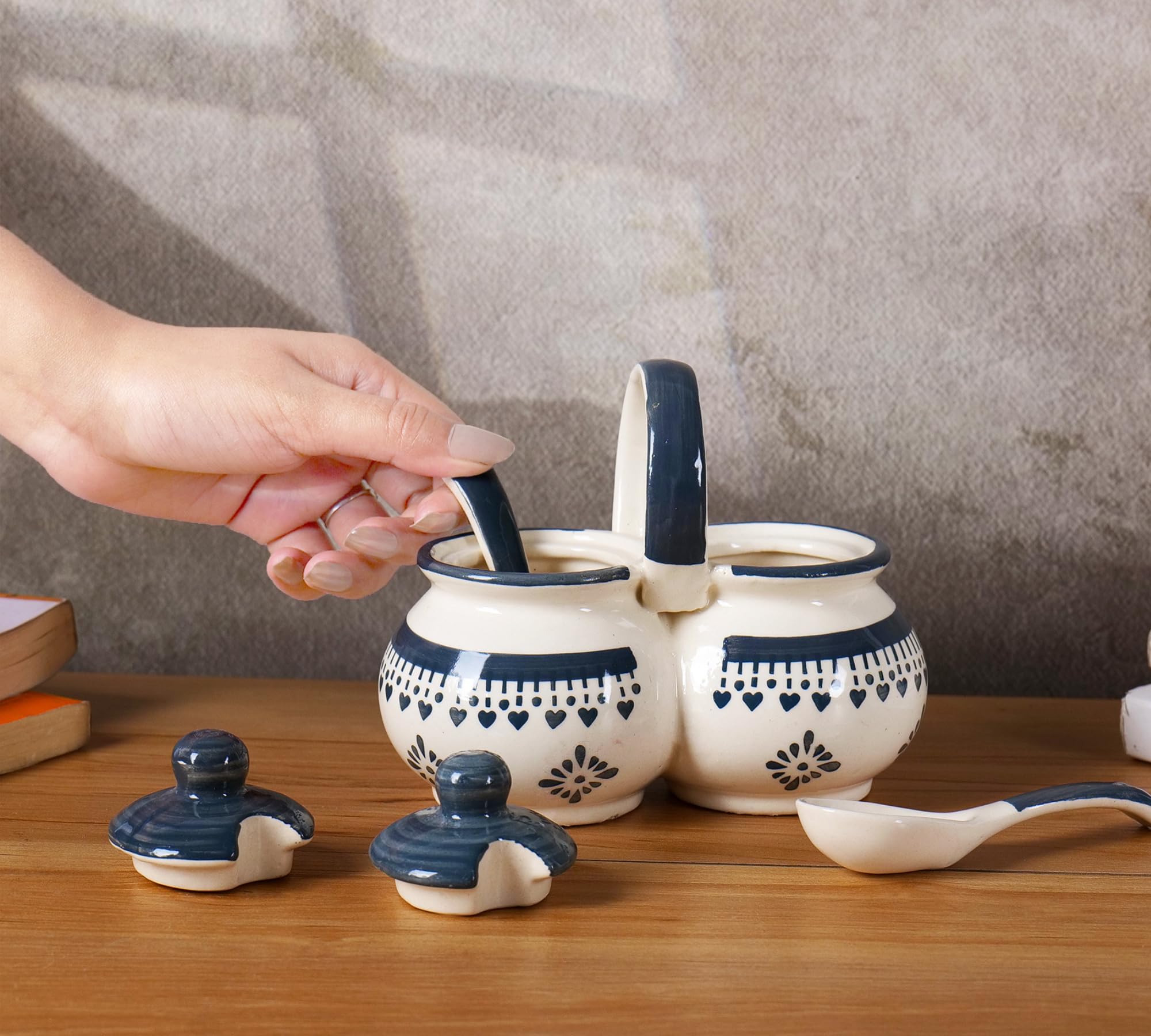 Niyara Multipurpose Storage Ceramic Pickle set Jars & with Lid & tray (Set of 2, 300 ML) (Grey flower design)