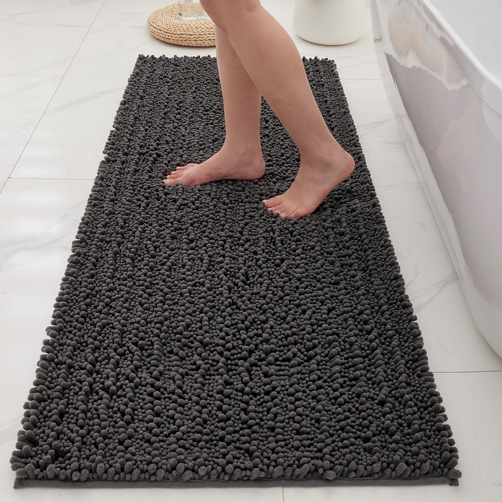Chenille Bathroom Rugs 70x24 Absorbent Soft Non Slip, Darkgrey