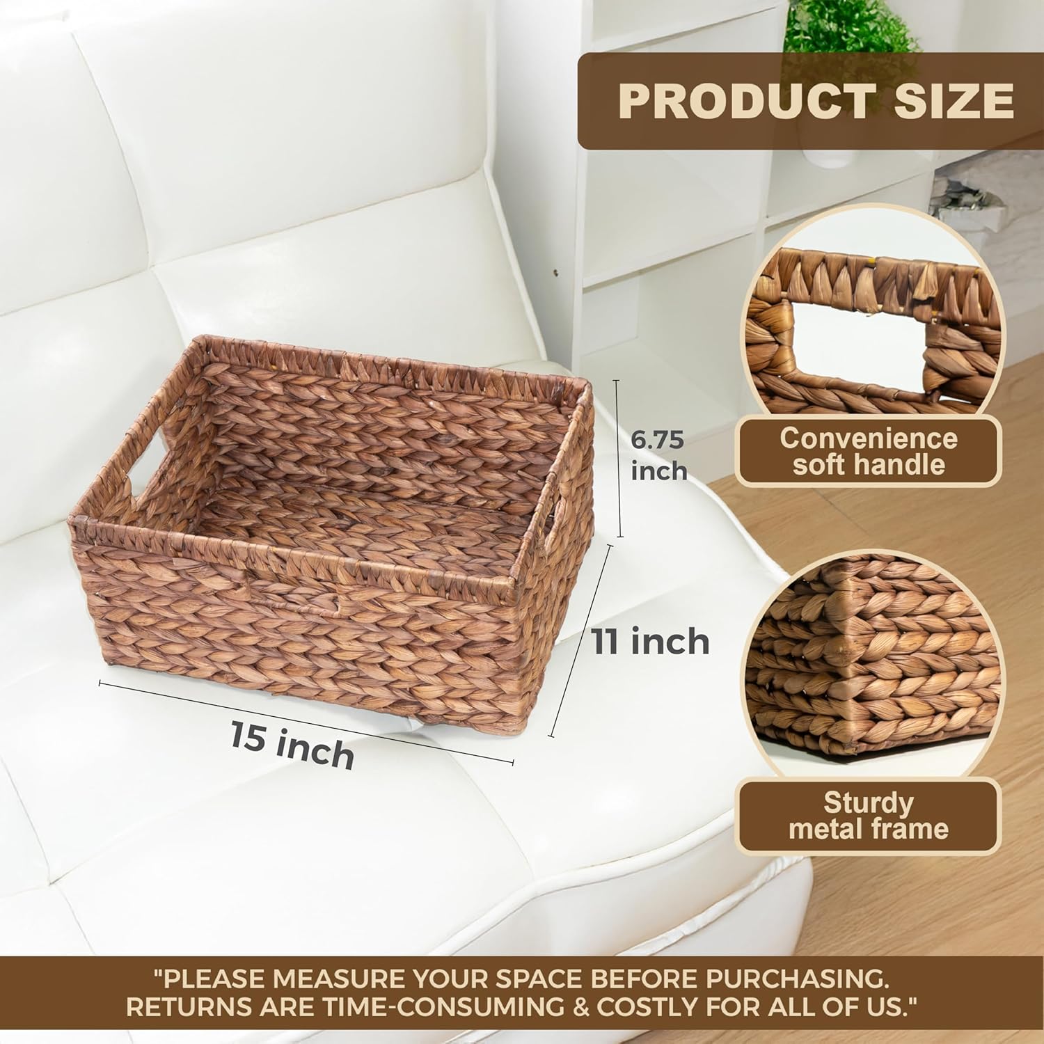 KOKODO Pack 1 COLORED Large Rectangular Water Hyacinth Wicker Storage Basket with Handles and Built-in Metal Frame with Chalkboard, Handwoven Perfect for Space-Saving Shelves and Room Organizing