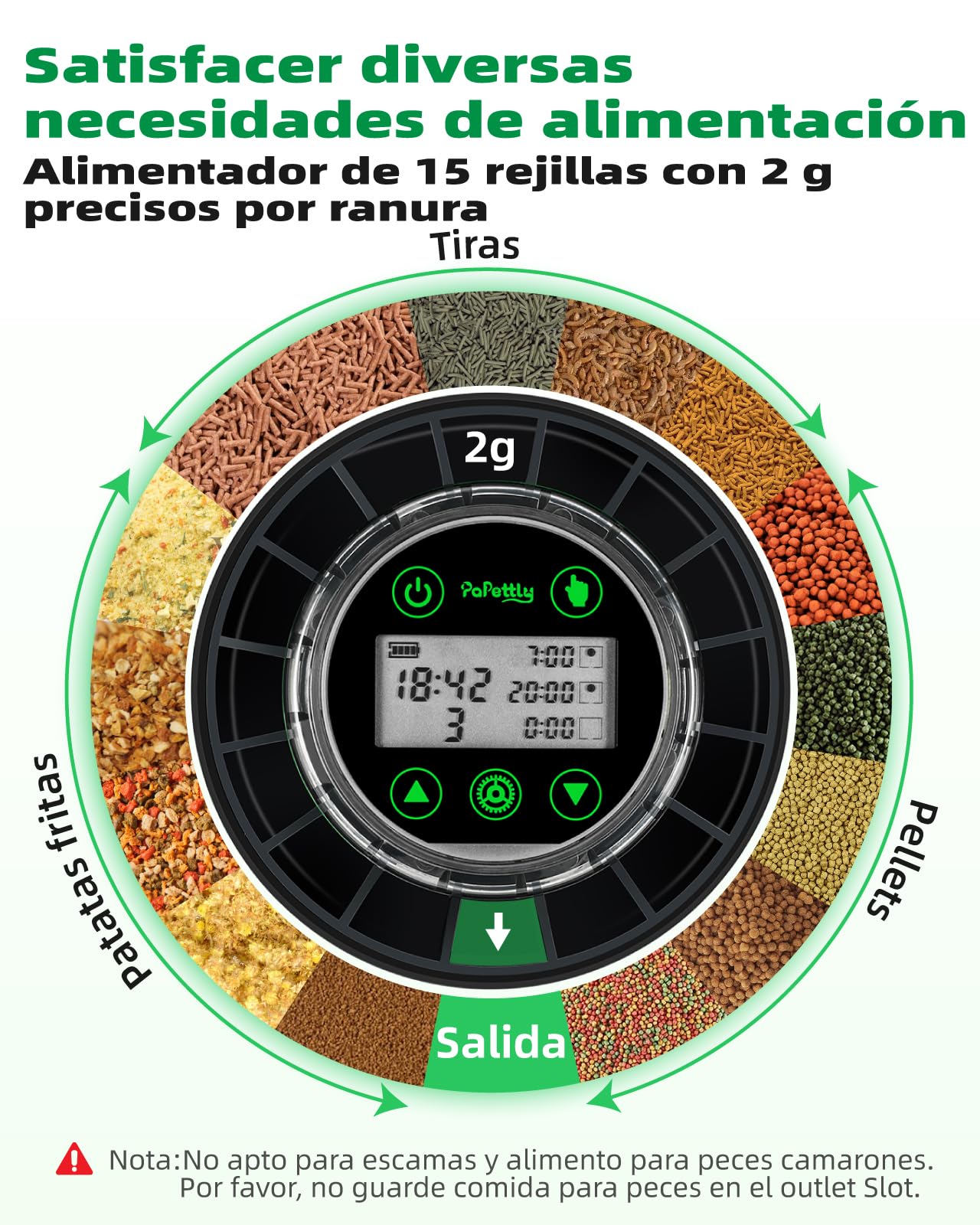 Papettly Alimentador Automatico Acuario - 200ml Comedero Automatico Peces con USB Charger y Pantalla LCD para Tortugas Peceras con Temporizador de Vacaciones, Cuchara Dispensador Comida Pieces, Negro