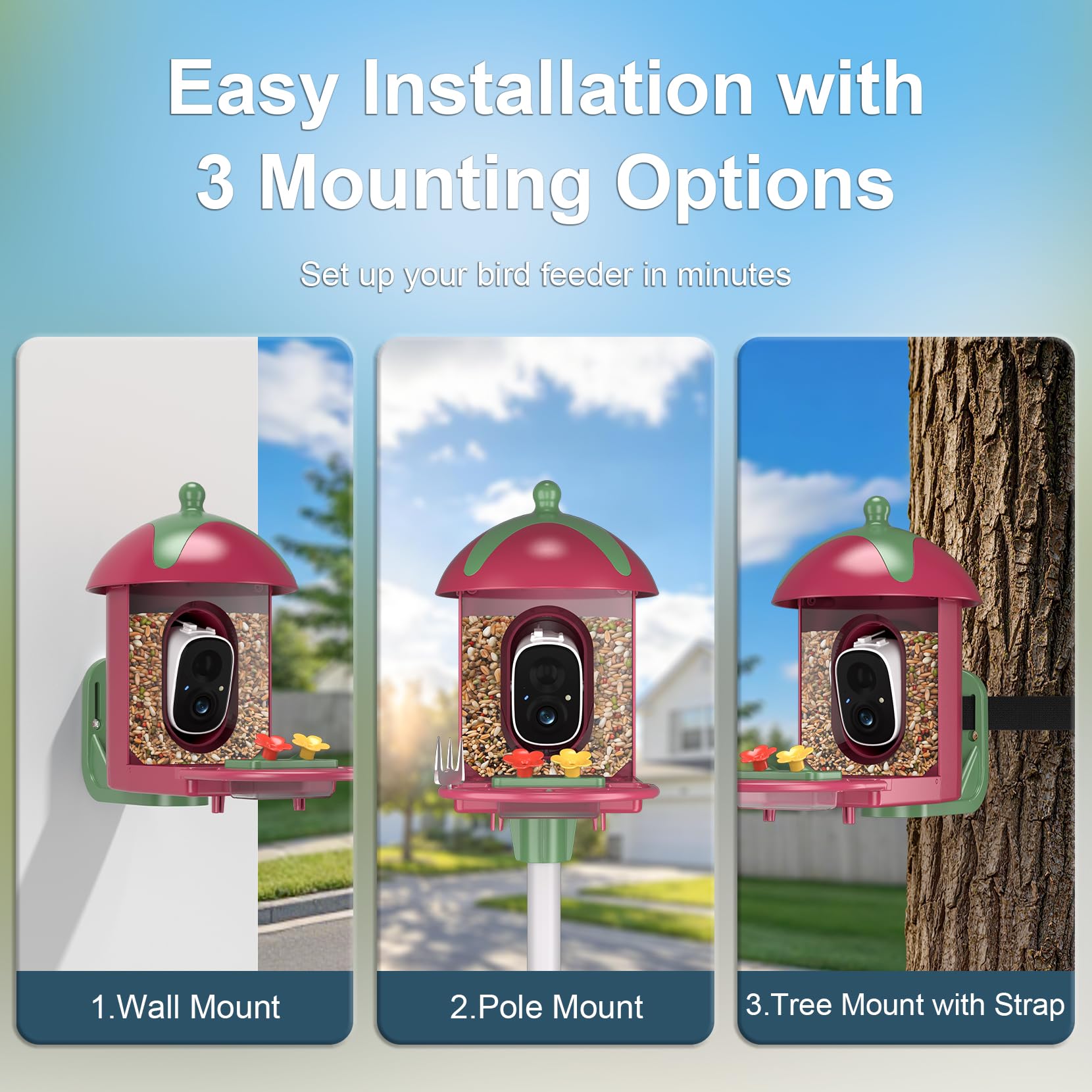 Vogelfutterstation mit Kamera Outdoor Vogelhaus - AI identifiziert 11000+ Arten, 2K HD, Ankunftswarnungen, solarbetrieben, Weihnachten Rot Grün Design, Kolibri freundlich, Geschenk für Vogelliebhaber