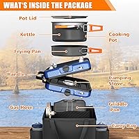 Vista 2 de Hisencn Camping Stove,2 Burner Propane Stove,20000 BTU/h Camping Cooking set Includes Frying Pan,Kettle and Pot,Adjustable Burners & Piezo