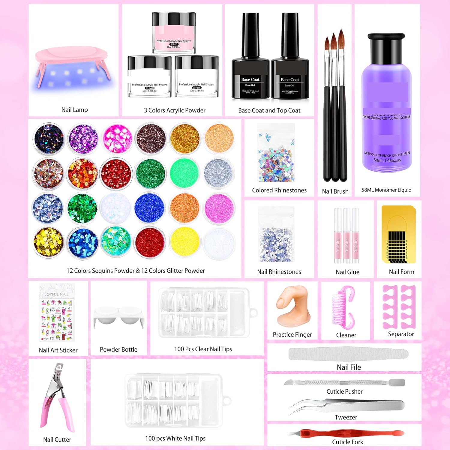 Professional Acrylic Nail Kit with Pink UV Lamp - 30g Acrylic Powder Set, 24 Glitter Colors, 100 Nail Tips, Rhinestones, Base & Top Coat, Complete Gift Box for Beginners