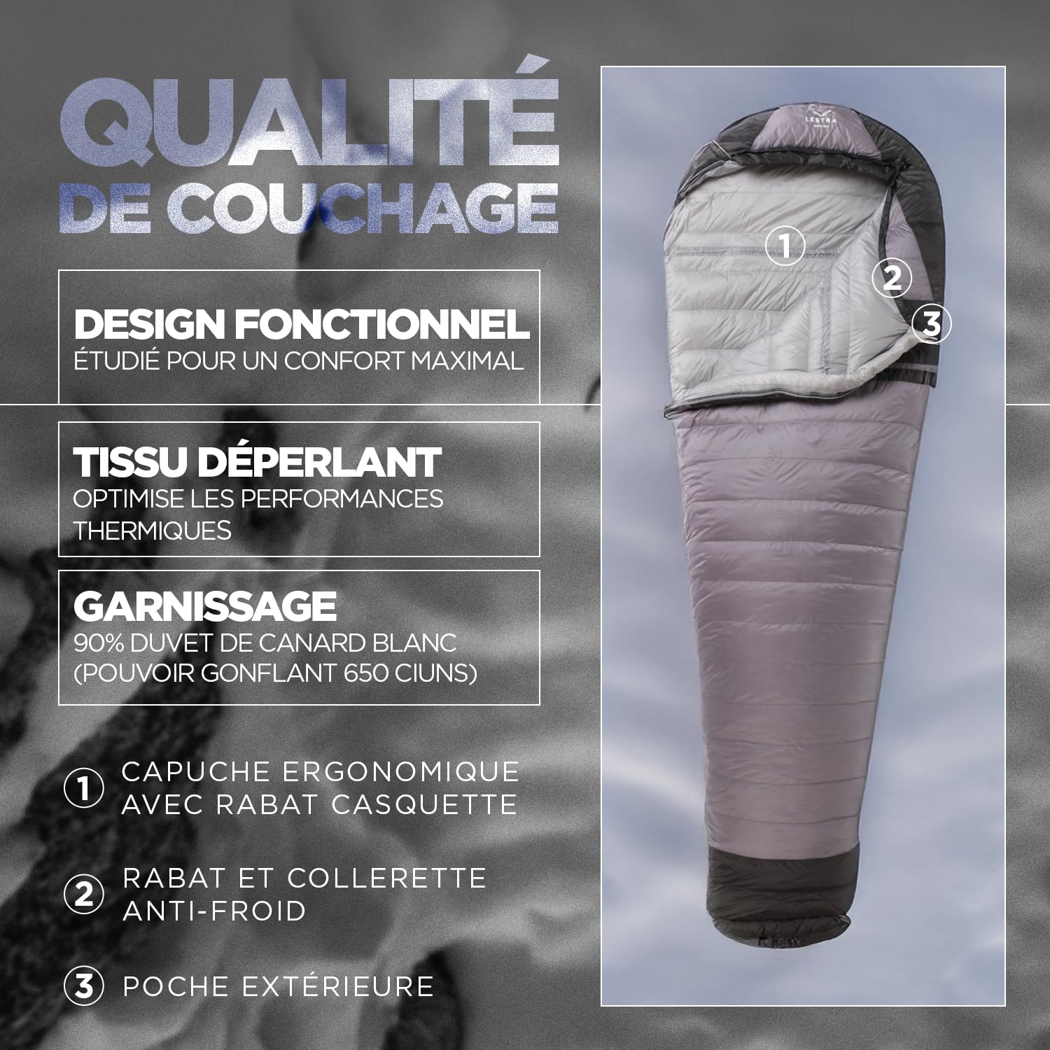 Lestra Sport - Alaska - Sac de Couchage Grand Froid - T° Limit Confort -09 °C - Duvet de Canard - Adulte - 220 x 80 cm - 1,2 kg - Gris