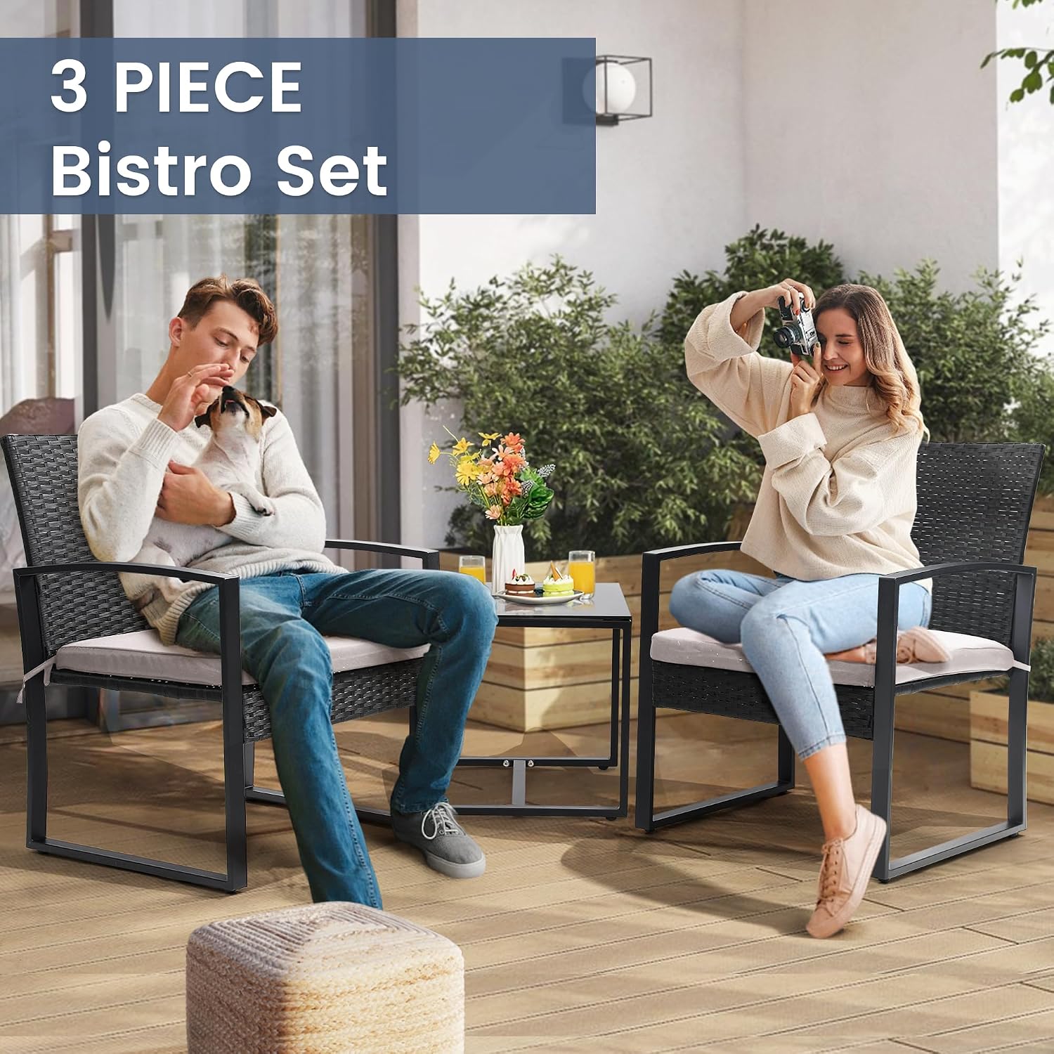  3-Piece Wicker Patio Bistro Set, Patio Conversation Set thumbnail