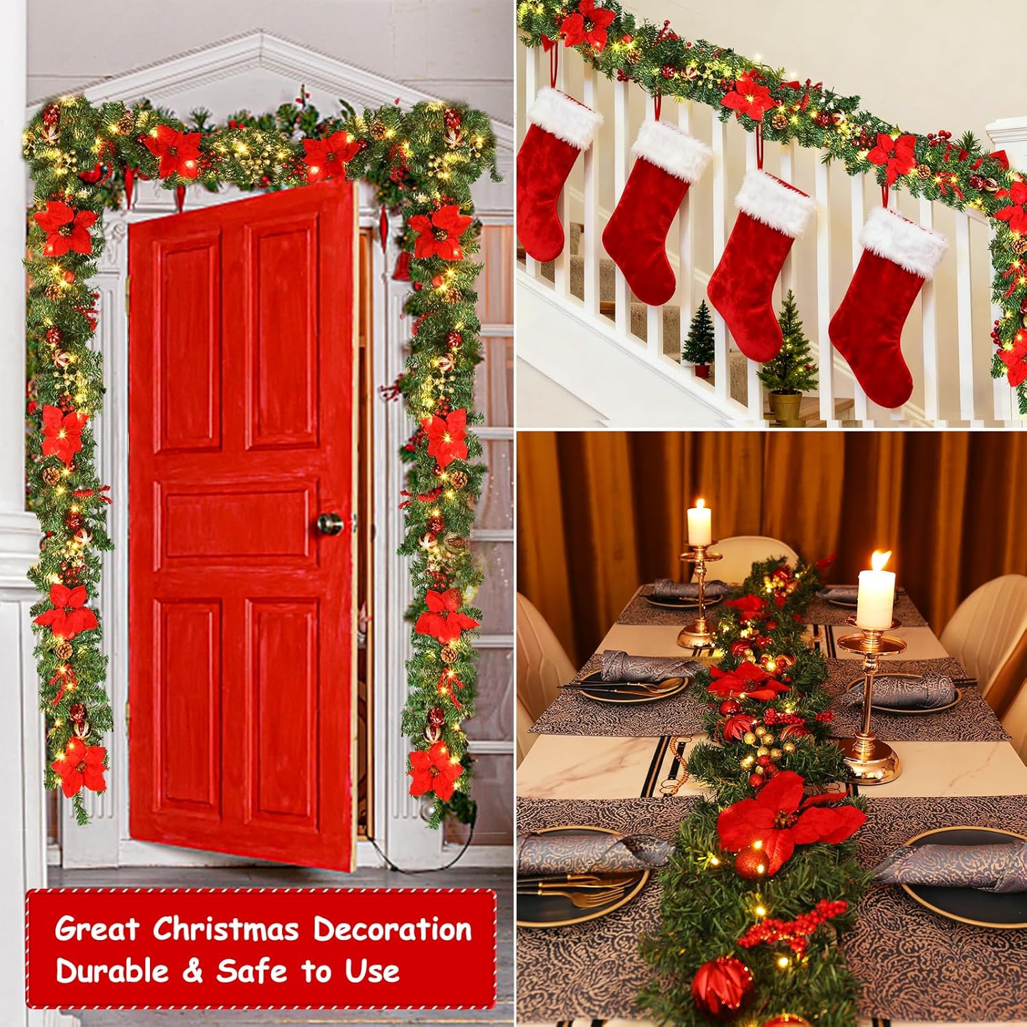 Quntis 9FT Prelit Christmas Garland with 50 LED Timer Lights, Christmas Decorations Poinsettia Garland for Mantle, 8 Mode Pinecones Berry Garlands for Fireplace Stairs Tree Outdoor Indoor Holiday