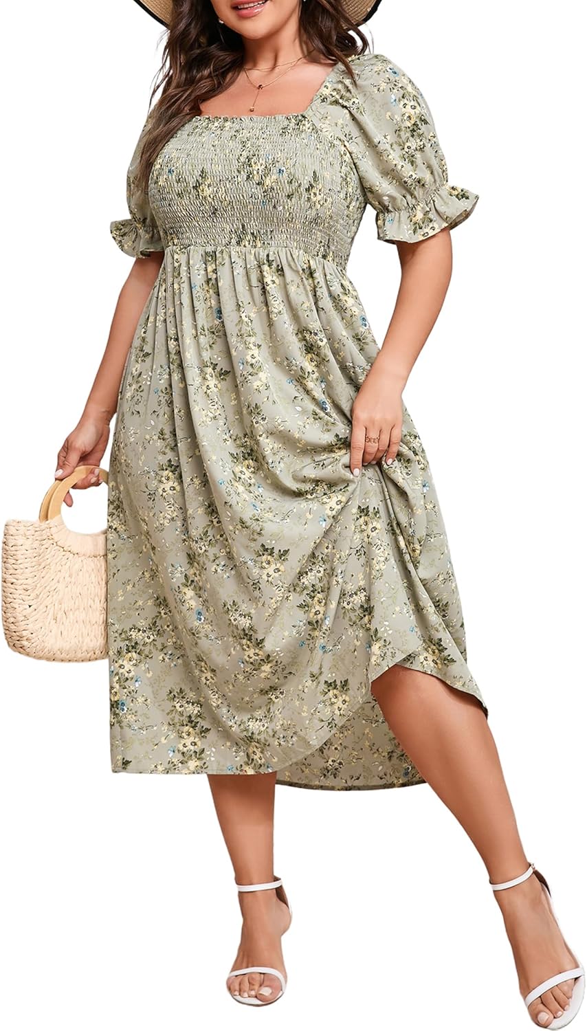 Women's Plus Size Floral Midi Dress Square Neck Smocked Puff Sleeve Casual Boho Dress