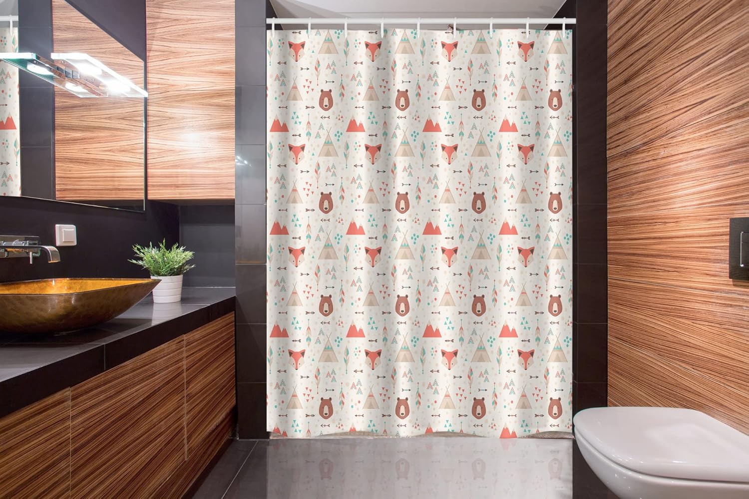 Ambesonne Tribal Stall Shower Curtain, Prehistoric Fox Arrows Bear Lodge Houses Feather Graphic, Fabric Bathroom Decor Set with Hooks, 54" W x 78" L, Salmon Amber White