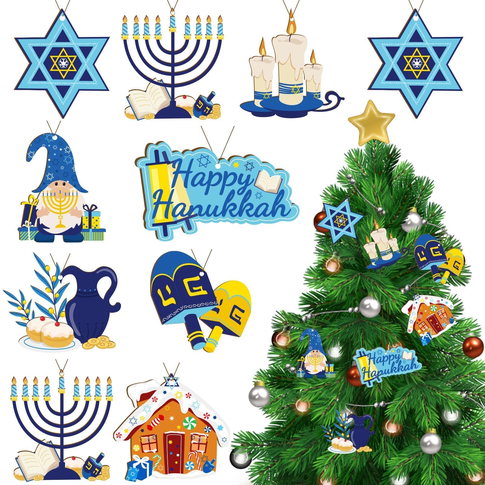 DECYOOL Hanukkah Decorations, 24 Pcs Chanukah Hanging Tree Ornaments Wood Tags Jewish Gifts Menorah Hanukkah Candles Dreidel Star of David Gnomes for Hanukkah Ornaments Holiday Christmas Tree Decor