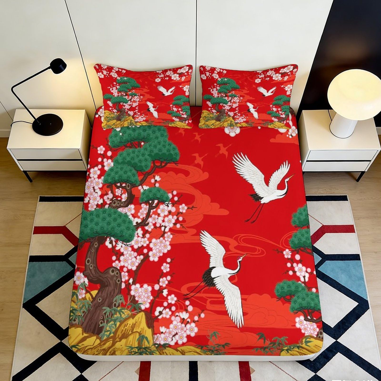 3D Printed Red Crane Tree Fitted Sheet Microfiber Soft Breathable Cherry Blossom Bed Cover for Bedroom Dormitory Guest Room Mattress Protection 120x200x25cm