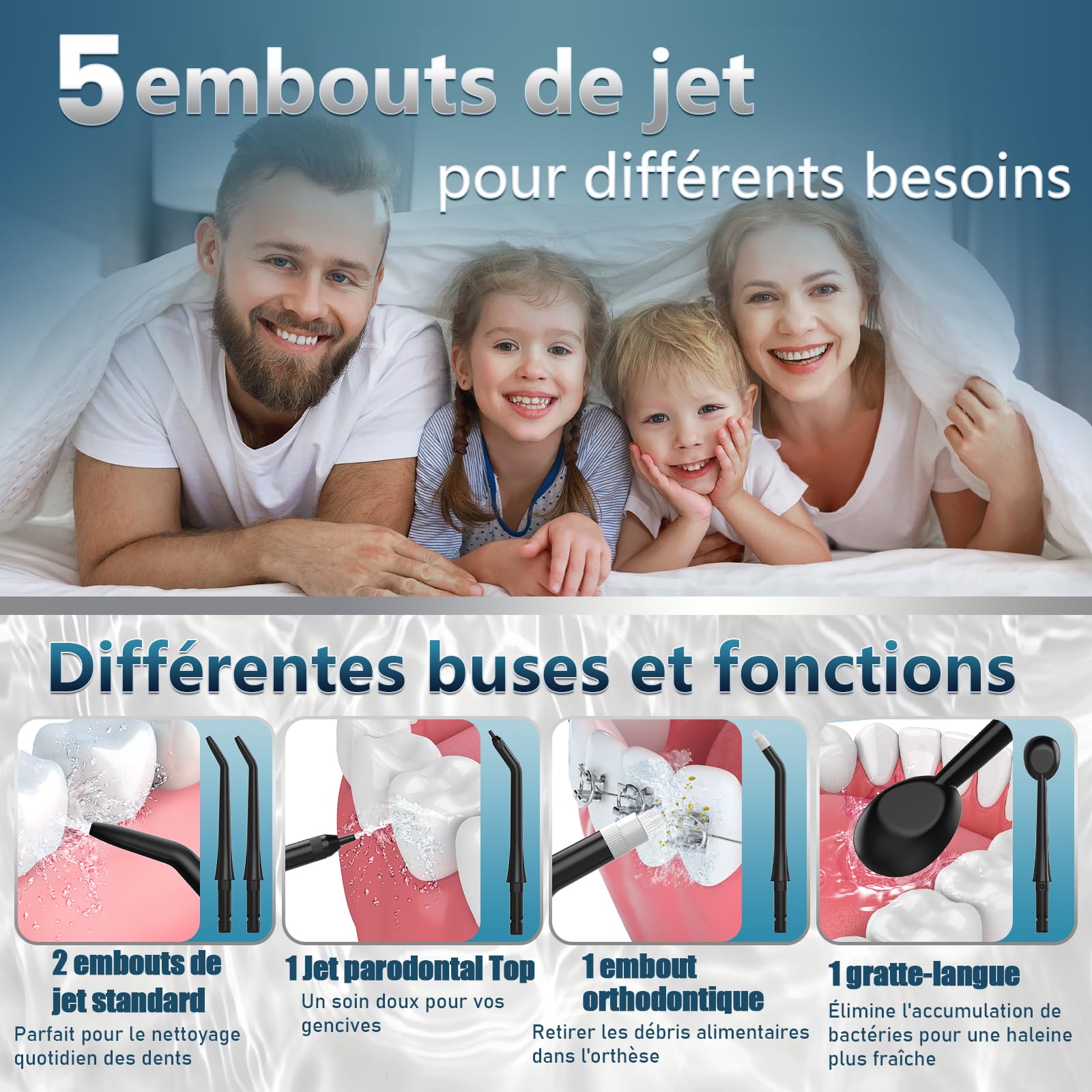 OasiSmile Jet Dentaire Hydropulseur: 5 Embouts Rotatifs 360°, 4 Modes & DIY Pression Réglable, Favorise l’Hygiène Buccale, Irrigateur Oral Étanche IPX7, Hydropulseur Portable 300 ML, Maison et Voyage