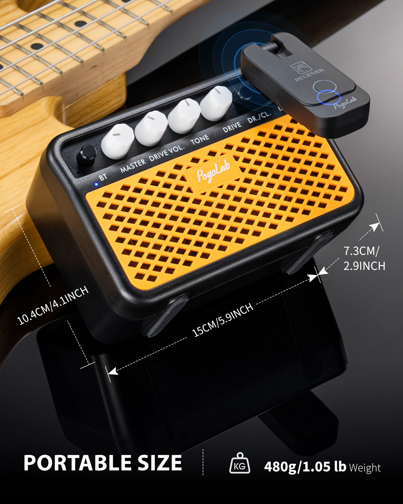 POGOLAB 5W Mini Amplificateur de Guitare Électrique, Bluetooth Sans Fil Avec Prise Casque, Canal CLEAN/OVERDRIVE, Combo Rechargeable Pour Acoustique, Orange