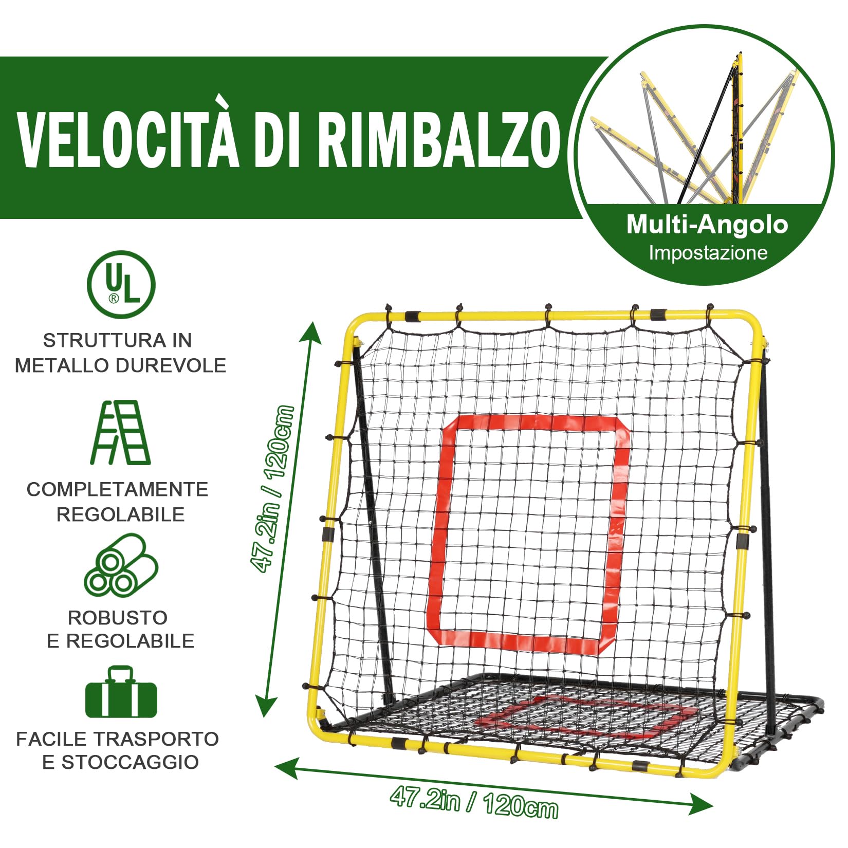 Rete Rimbalzo Calcio Pieghevole, 120 x 120cm Reti da Rimbalzo per Pallavolo, Rete PE a Doppio Strato, Angolo Regolabile, Formazione Sulle Competenze per Calcio, Pallavolo e Pallacanestro