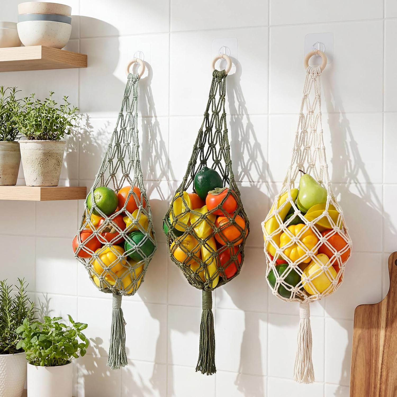 Sieral 3 Pack Hanging Fruit Baskets for Kitchen Boho Cotton Rope Wall Handwoven Vegetable Storage with 3 Pcs Strong Hooks for Farmhouse Decor Organizing Teardrop Home Wall Potato Onion