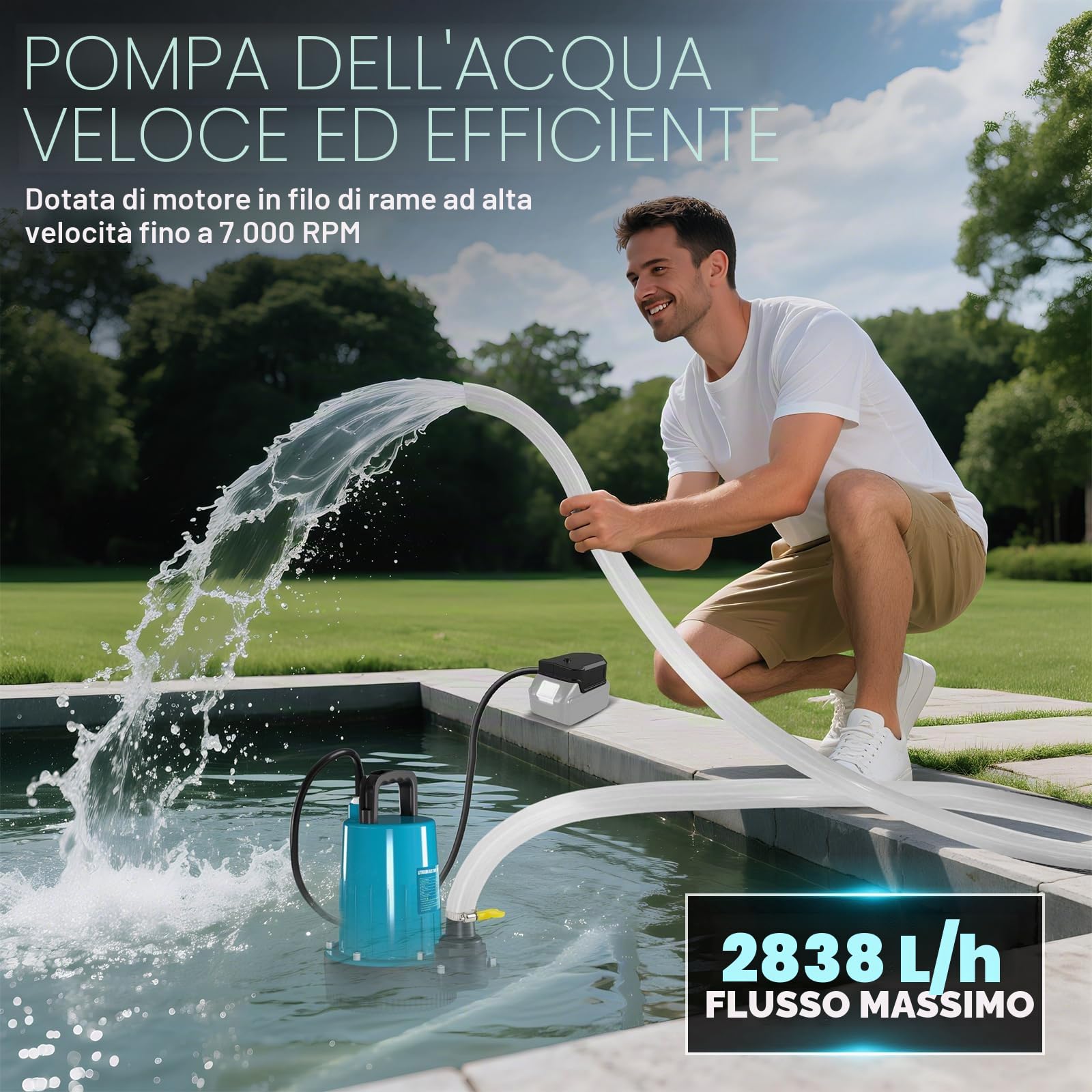 Pompa sommergibile a batteria, 21 V, 2000 mAh, pompa sommergibile con coperchio di sicurezza, tubo da 10 m, per piscina, letti d'acqua, pompa per acque reflue, copertura piscina