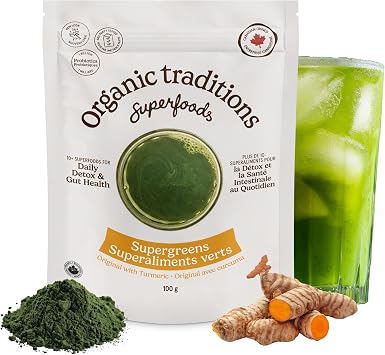 Organic Traditions Super Greens Powder with Turmeric, Organic Greens Superfood Blend with Vitamins Minerals and Probiotics, Plant Based Green Juice Mix for Smoothies and Drinks, 100g / 3.5oz Bag