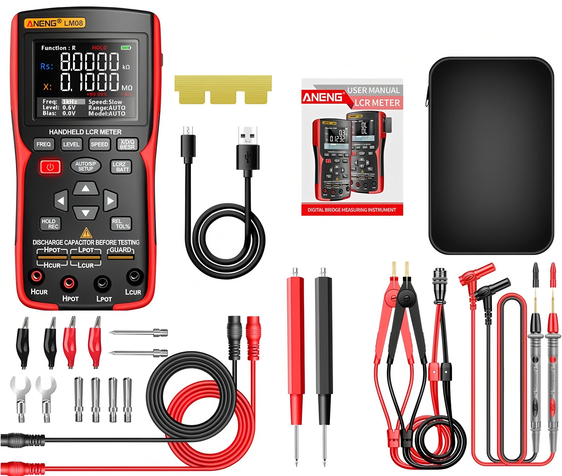 Medidor Puente LCR LM08 Medidor ESR Electrónico Multímetro Capacitor Reparación Taller Prueba Inductancia Resistencia DIY 100Hz 100kHz Herramientas de Medición (LM08+pinza Kelvin)