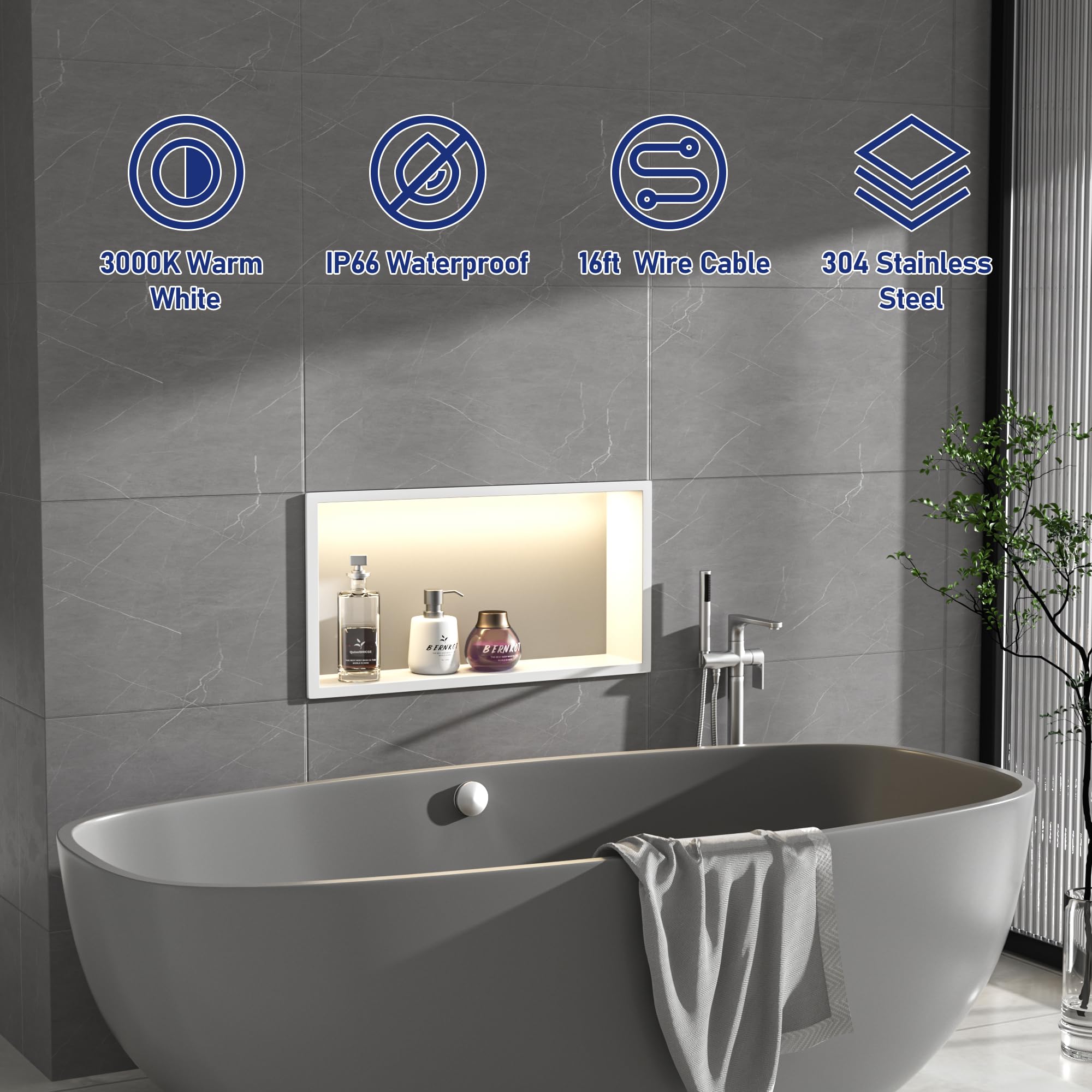 Nische per Doccia in Acciaio Inox 600mm X 300mm Bianca con Luce a LED Impermeabile Nessuna Piastrella Necessaria Nische da Parete per Stoccaggio del Bagno Sopra l'Installazione Montata a