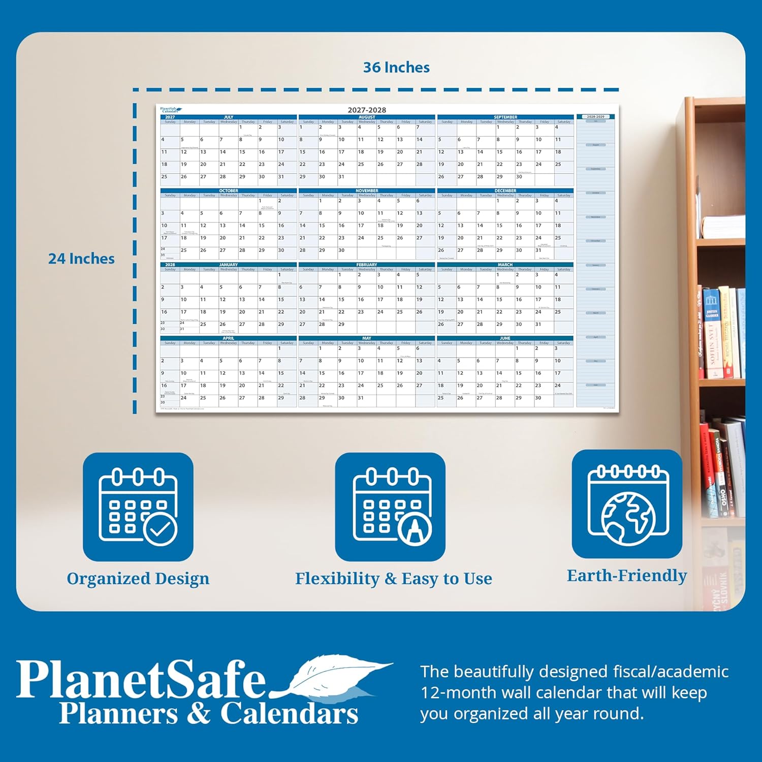 2027-2028 Fiscal Horizontal Premium Dry-Erasable Wall Calendar July to June 24" x 36". Marker and Eraser included
