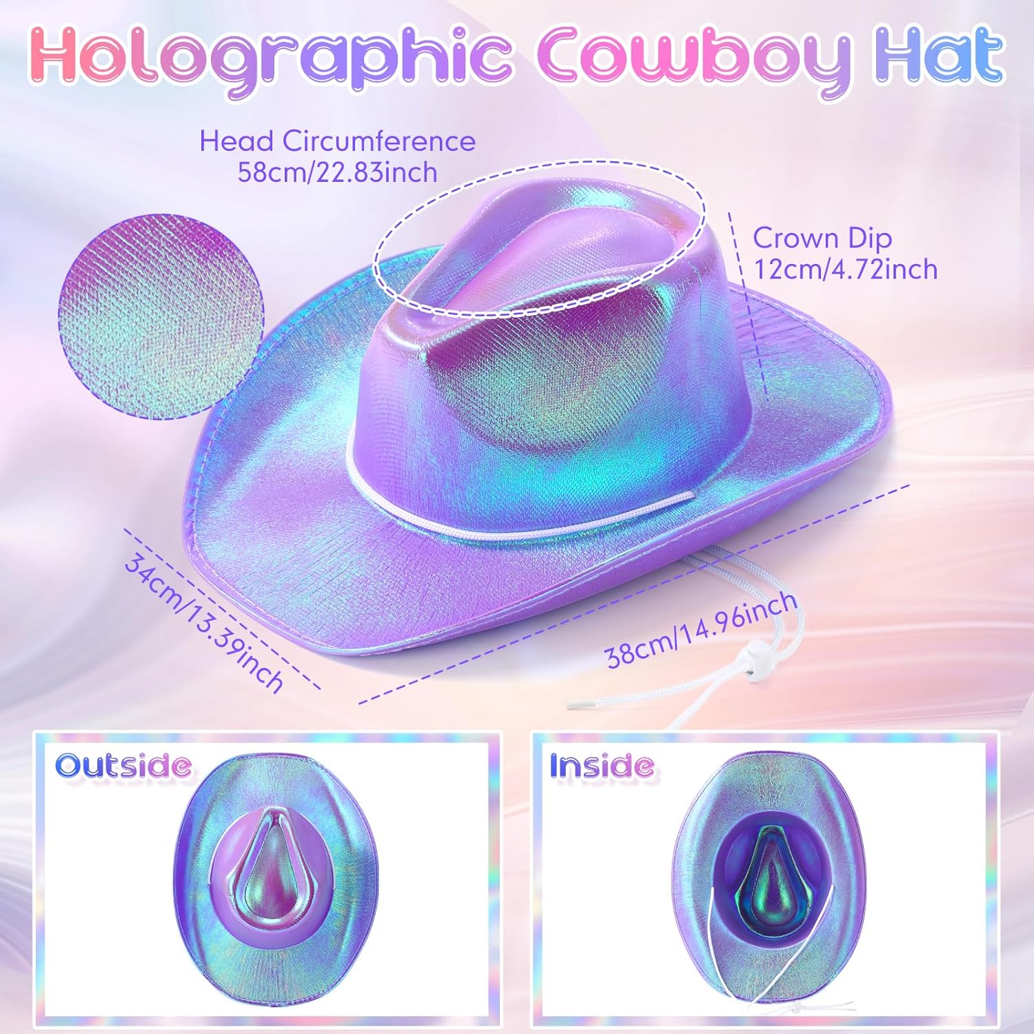 Coume 12 Pcs Cowboy Hat Sparkly Glitter Neon Cowgirl Hat for Women Holographic Space Cap for Bachelor Western Cowboy Party Multicolor